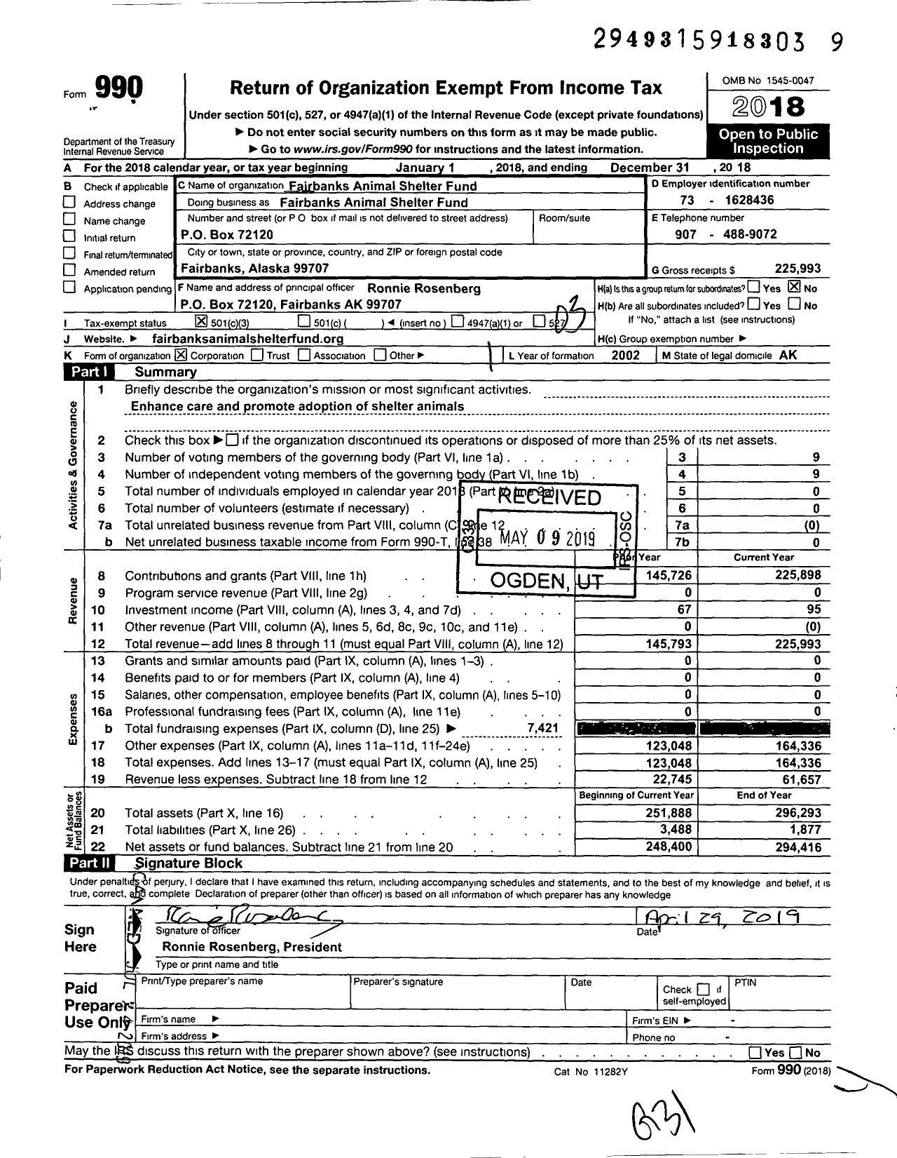 Image of first page of 2018 Form 990 for Fairbanks Animal Shelter Fund