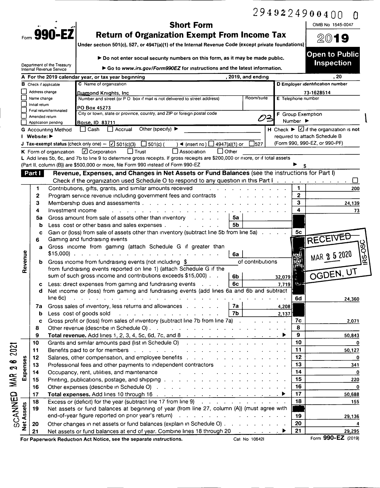 Image of first page of 2019 Form 990EZ for Diamond Knights