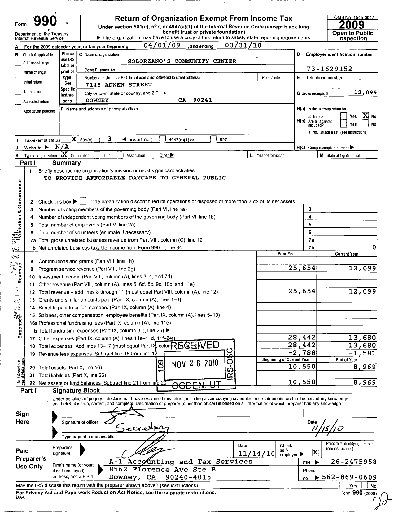 Image of first page of 2009 Form 990 for Solorzano Community Center