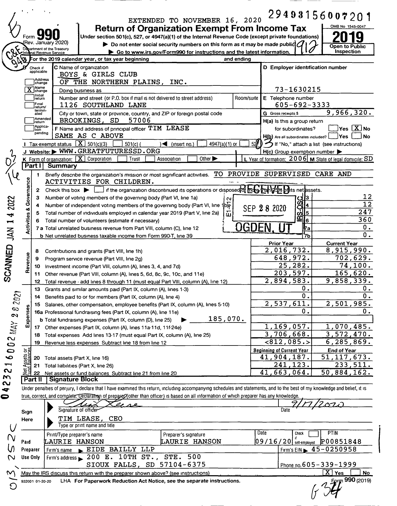 Image of first page of 2019 Form 990 for Boys and Girls Club of the Northern Plains