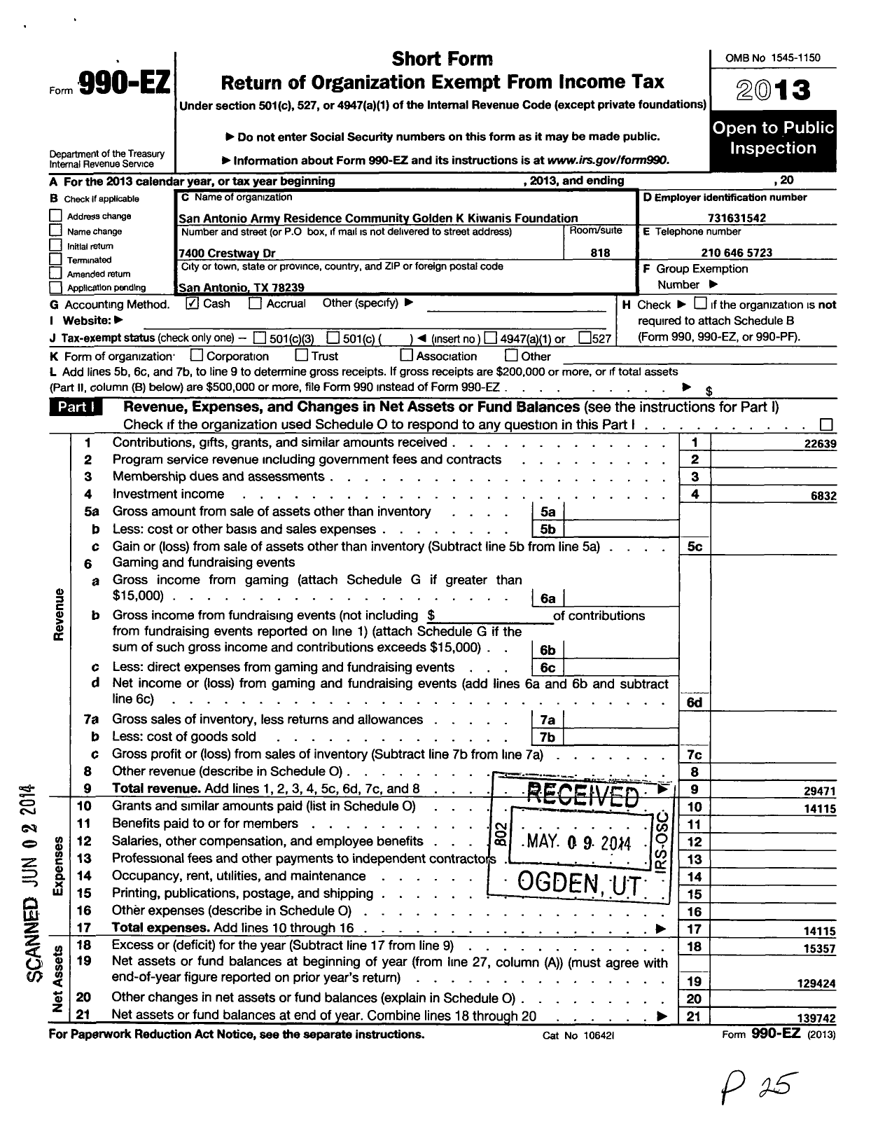 Image of first page of 2013 Form 990EO for San Antonio Army Resident Community Golden Kiwanis Foundation