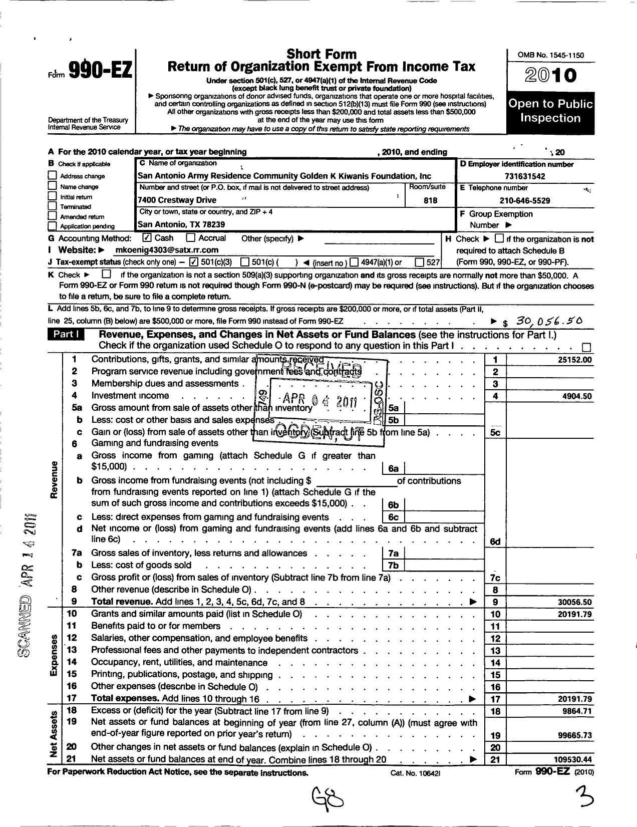 Image of first page of 2010 Form 990EZ for San Antonio Army Resident Community Golden Kiwanis Foundation