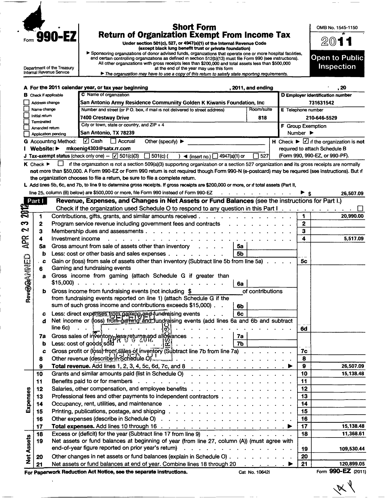 Image of first page of 2011 Form 990EZ for San Antonio Army Resident Community Golden Kiwanis Foundation