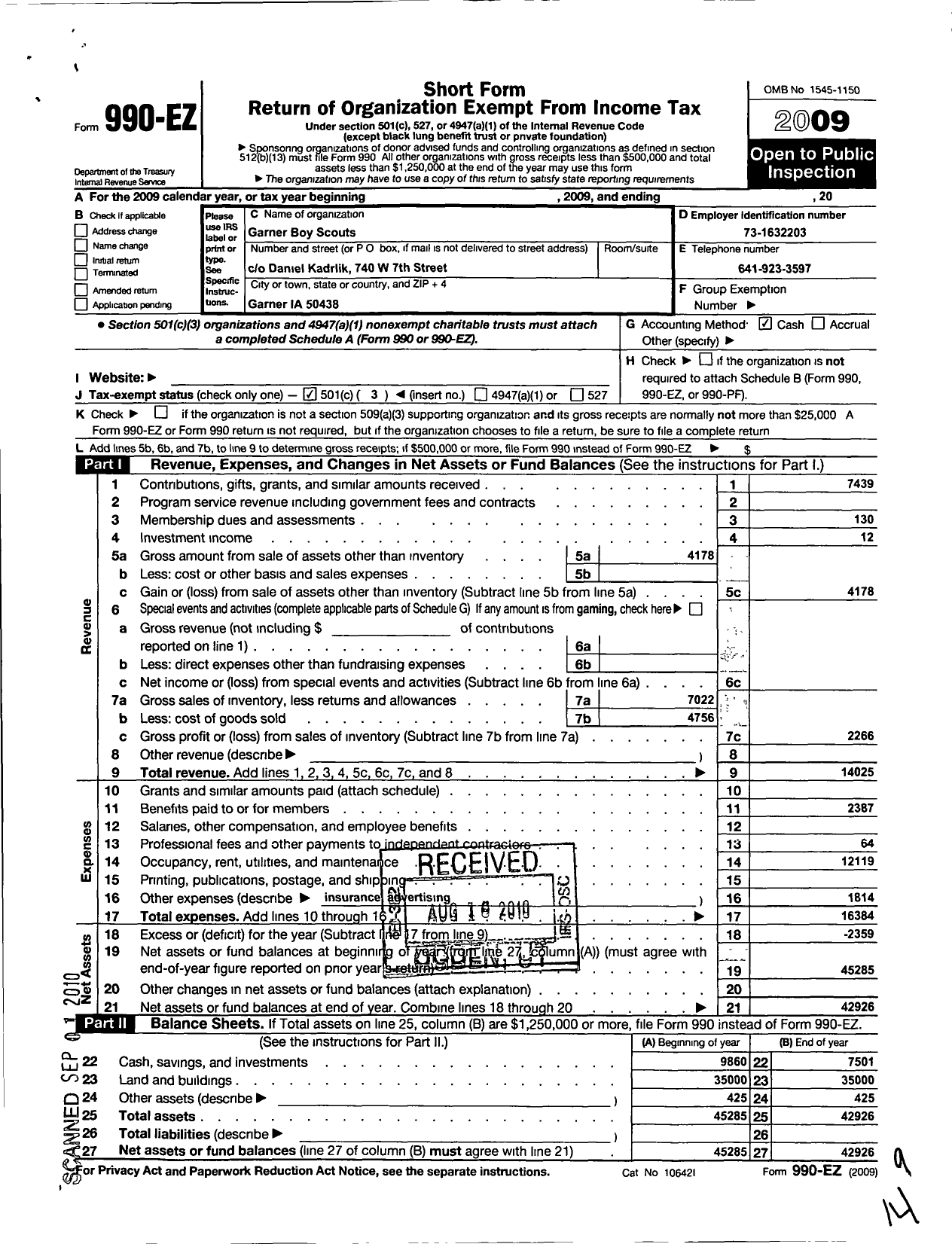 Image of first page of 2009 Form 990EZ for Garner Boy Scouts