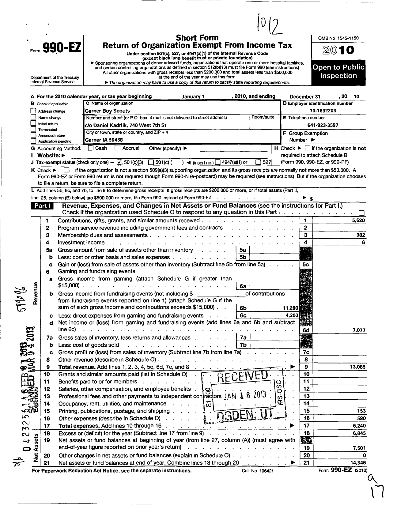 Image of first page of 2010 Form 990EZ for Garner Boy Scouts