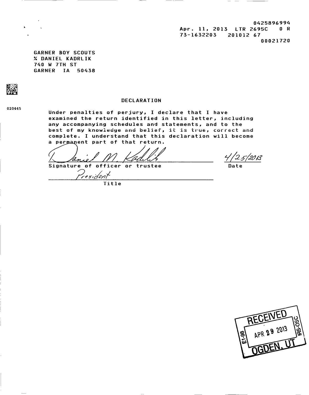 Image of first page of 2010 Form 990ER for Garner Boy Scouts