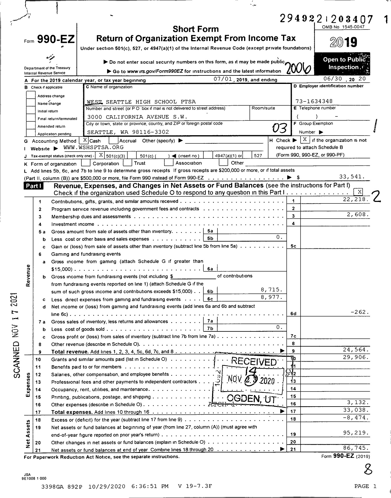 Image of first page of 2019 Form 990EZ for West Seattle High School Ptsa 6 15 510