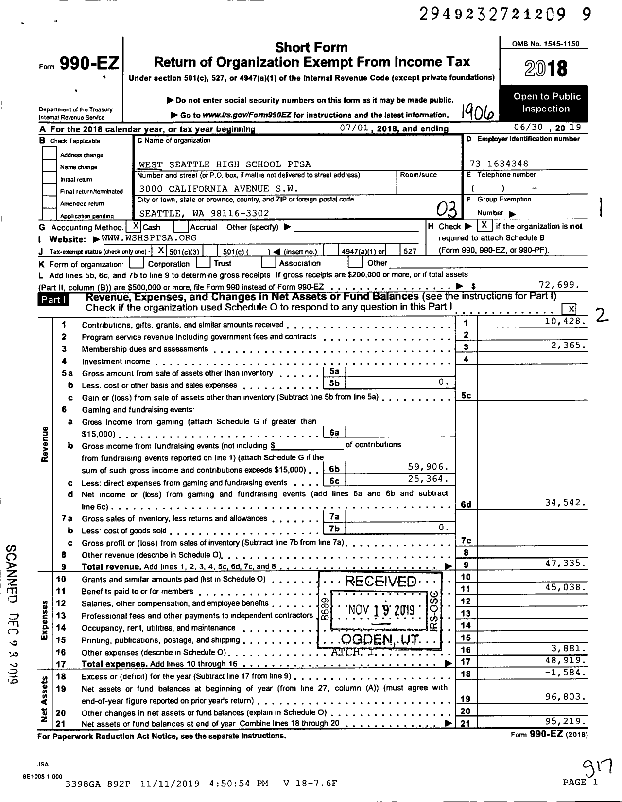 Image of first page of 2018 Form 990EZ for West Seattle High School Ptsa 6 15 510