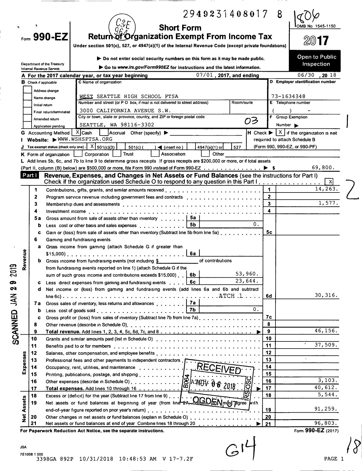 Image of first page of 2017 Form 990EZ for West Seattle High School Ptsa 6 15 510