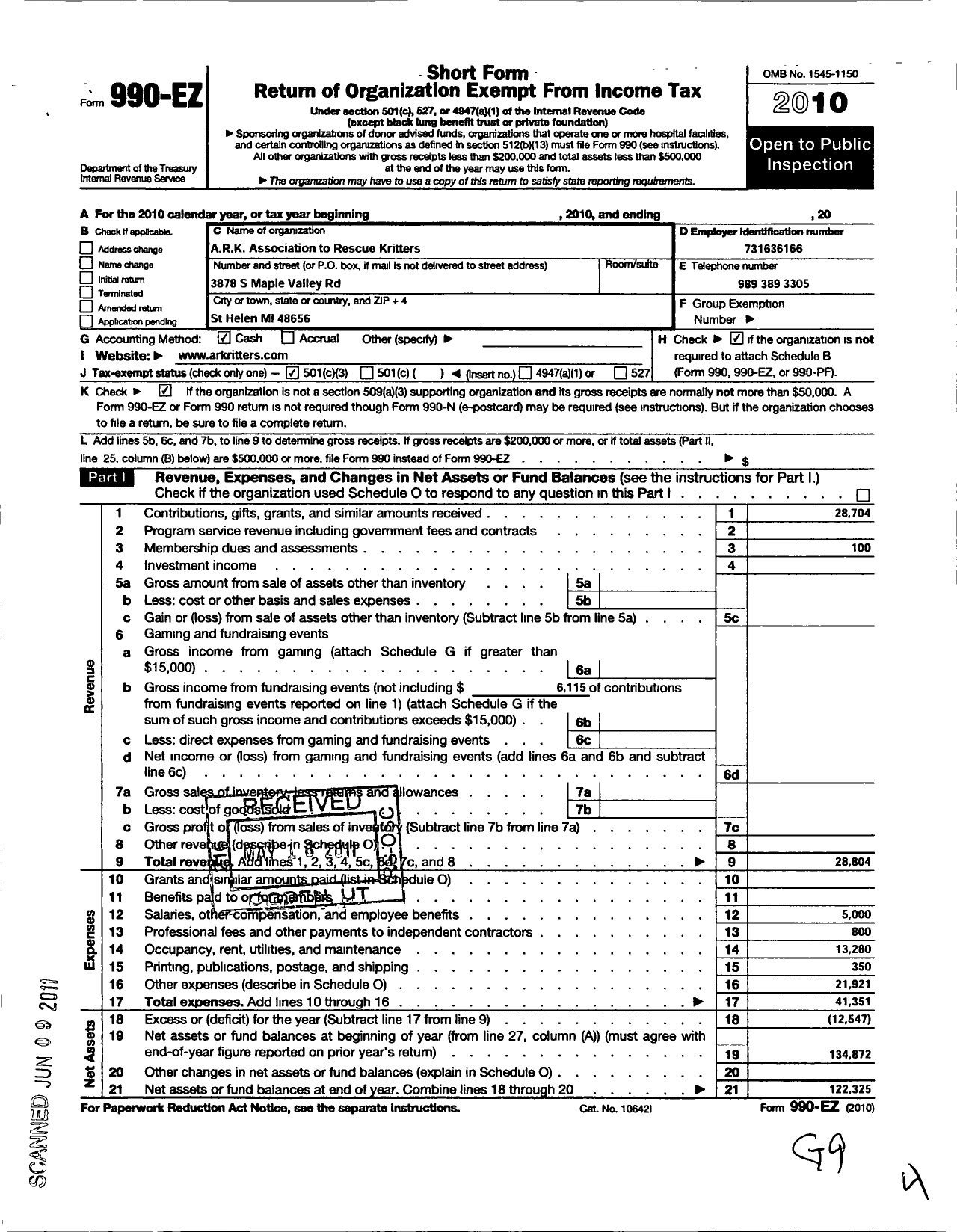 Image of first page of 2010 Form 990EZ for Ark Association To Rescue Kritters