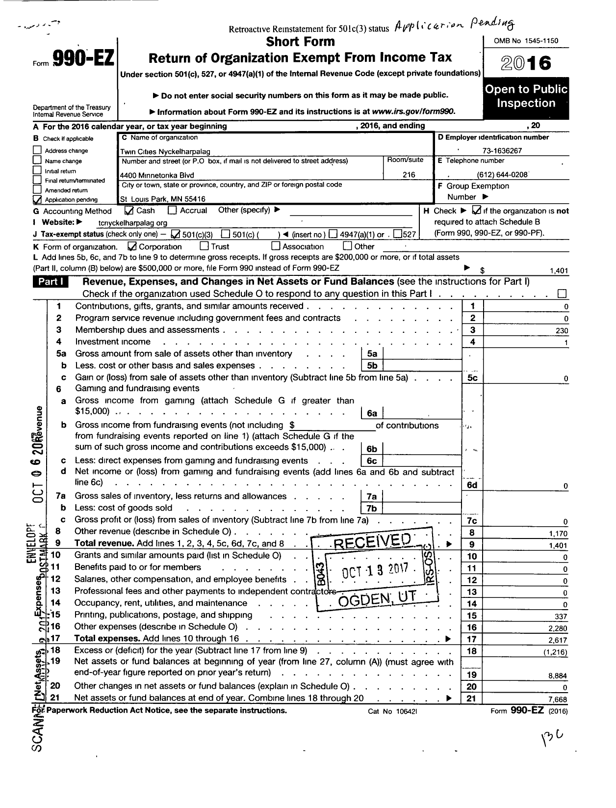 Image of first page of 2016 Form 990EZ for Twin Cities Nyckelharpalag