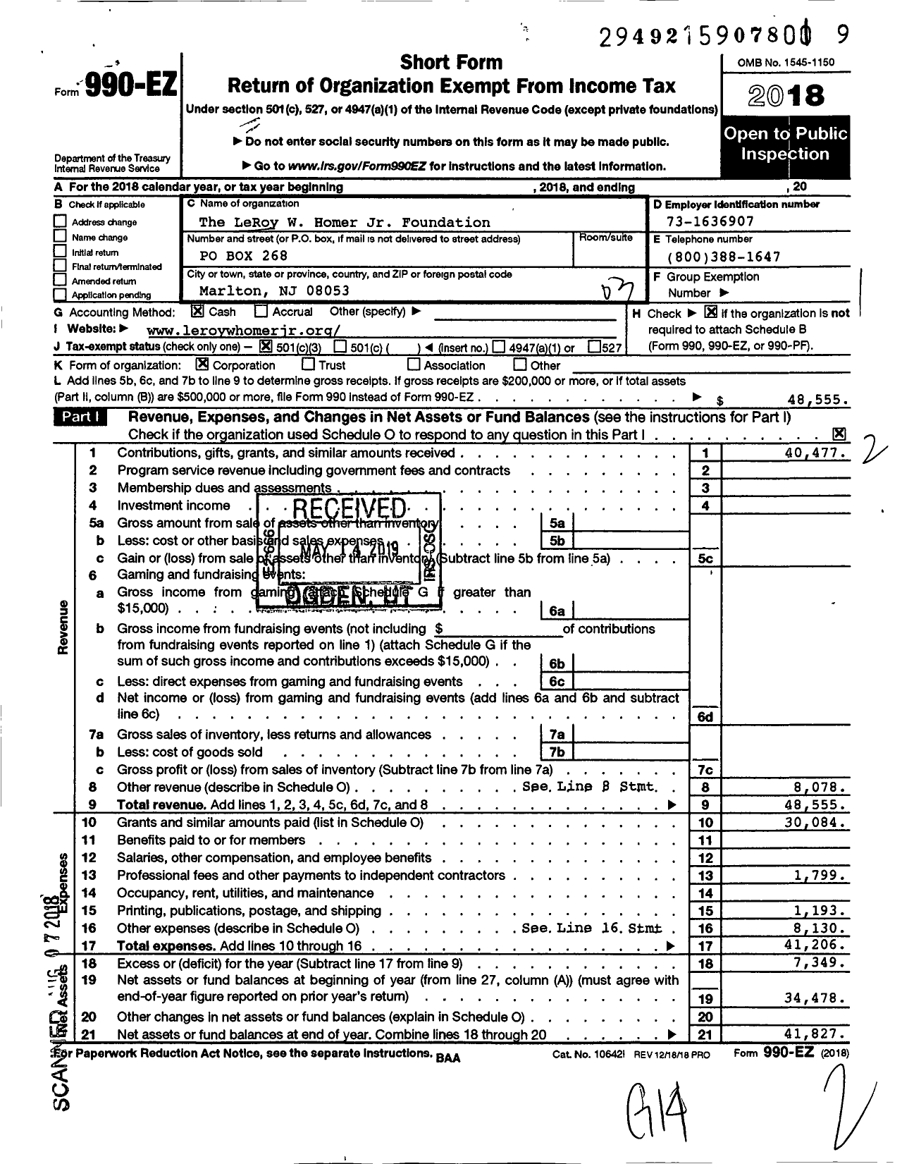 Image of first page of 2018 Form 990EZ for The LeRoy W Homer Jr Foundation