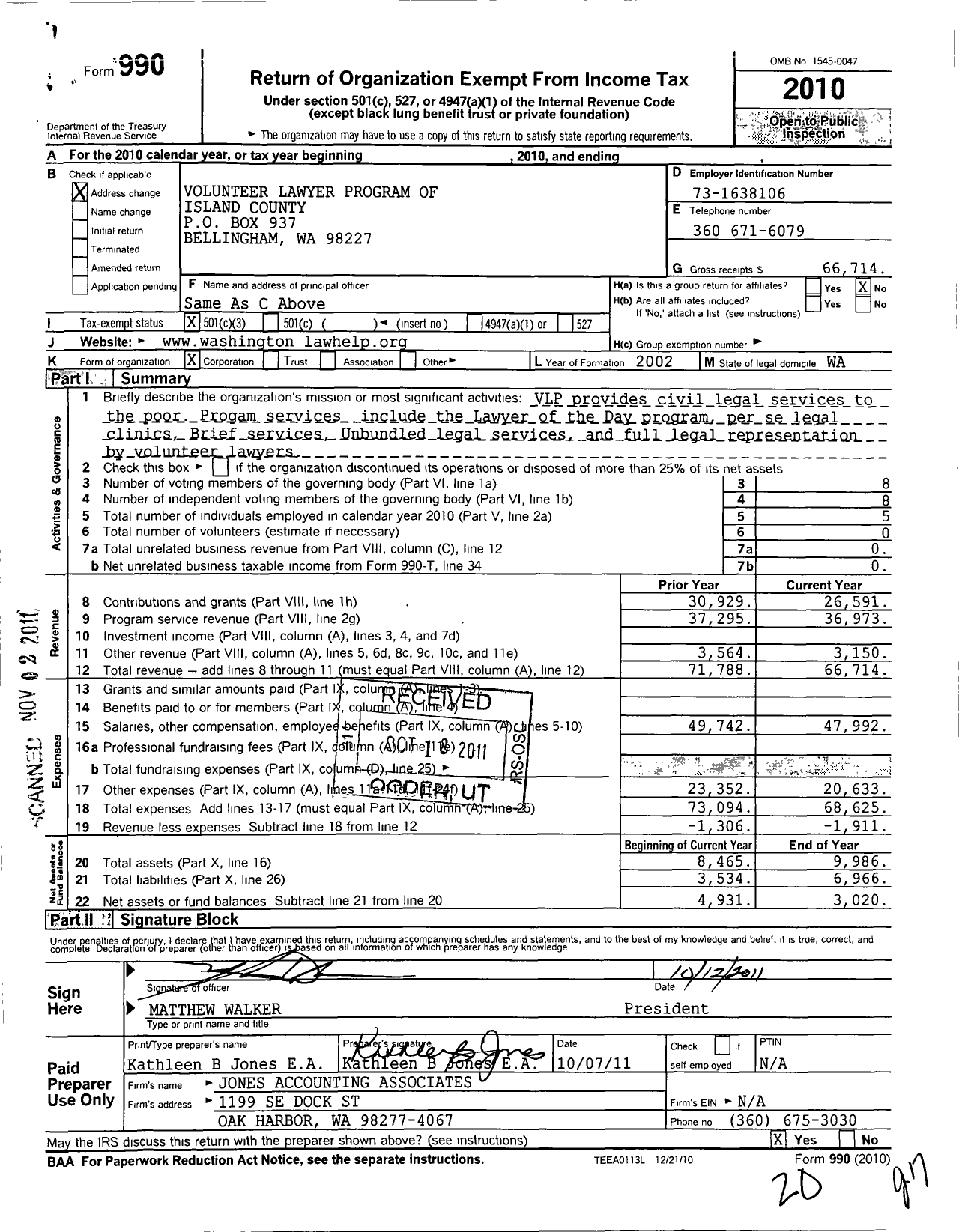 Image of first page of 2010 Form 990 for Volunteer Lawyer Program of Island County