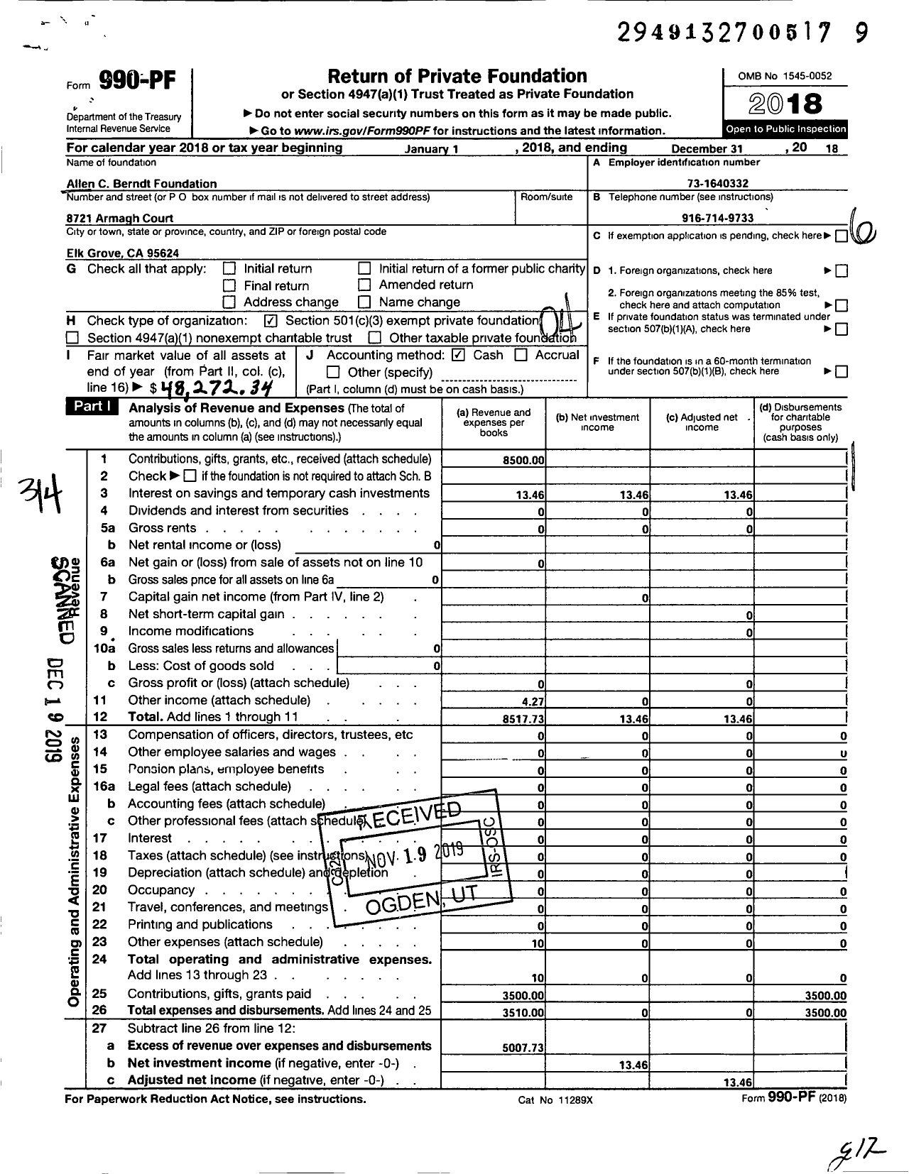 Image of first page of 2018 Form 990PF for Allen C Berndt Foundation