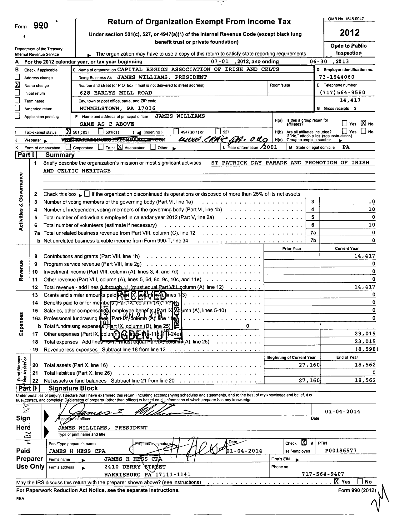 Image of first page of 2012 Form 990 for Capital Region Association of Irish and Celts