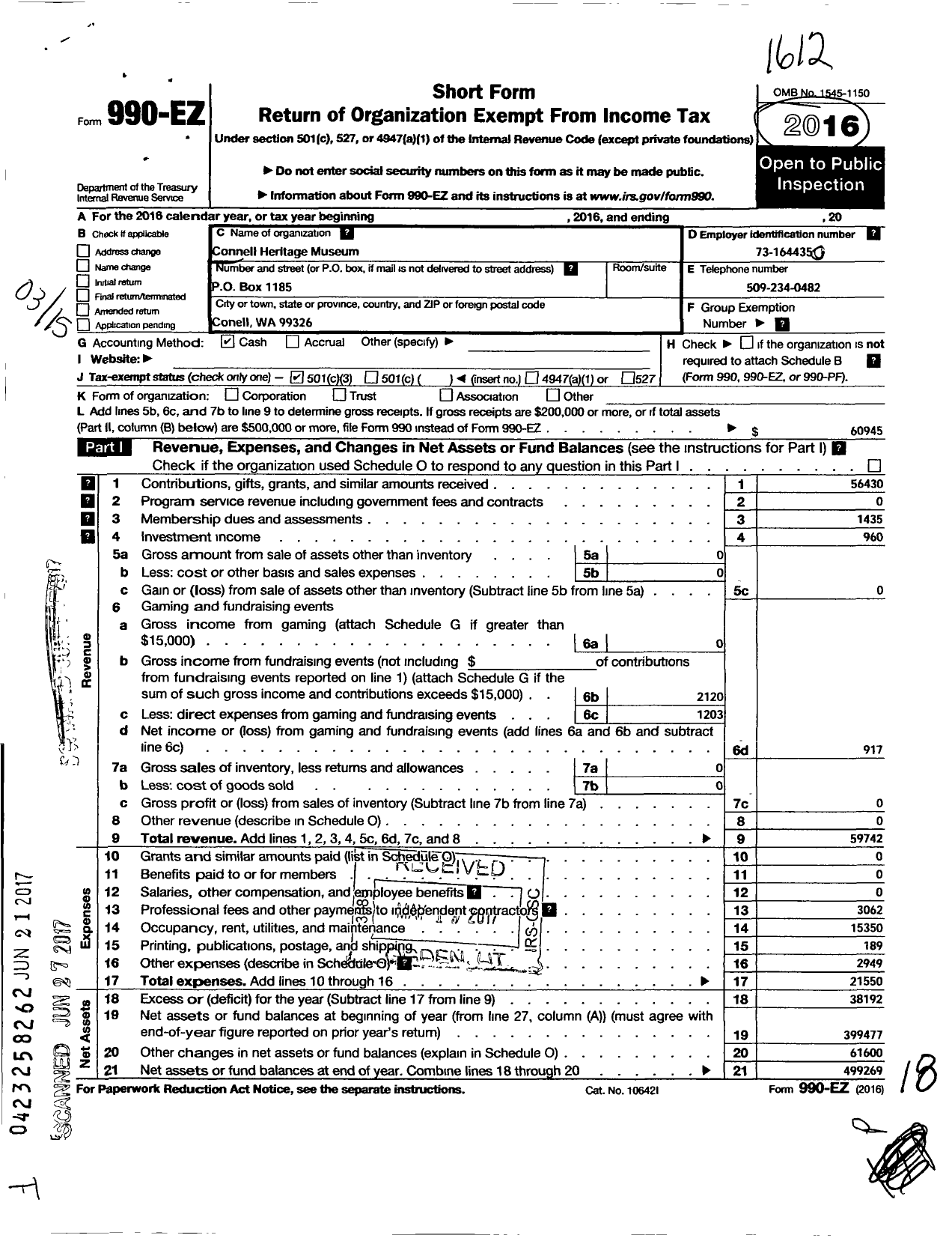 Image of first page of 2016 Form 990EZ for North Franklin Heritage Museum