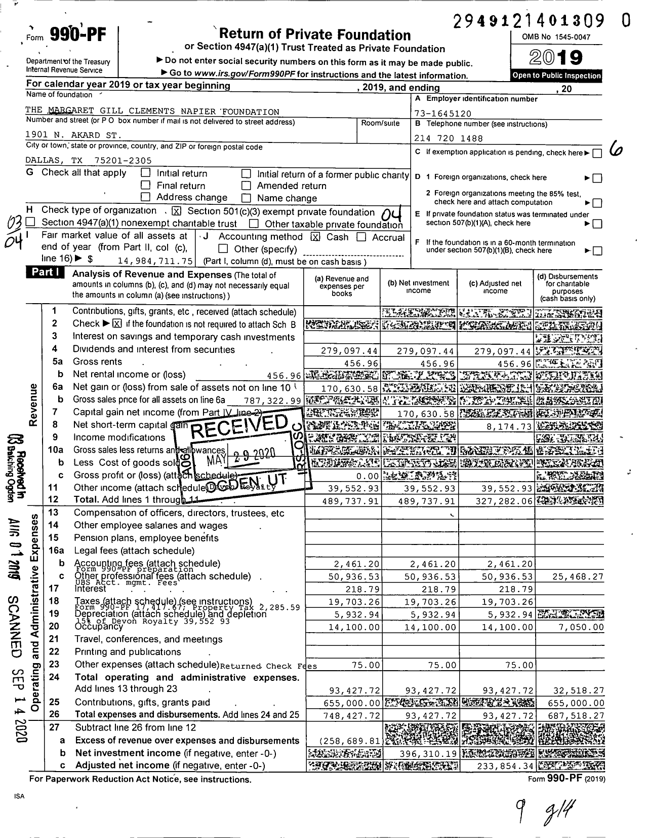 Image of first page of 2019 Form 990PR for Margaret Gill Clements Foundation