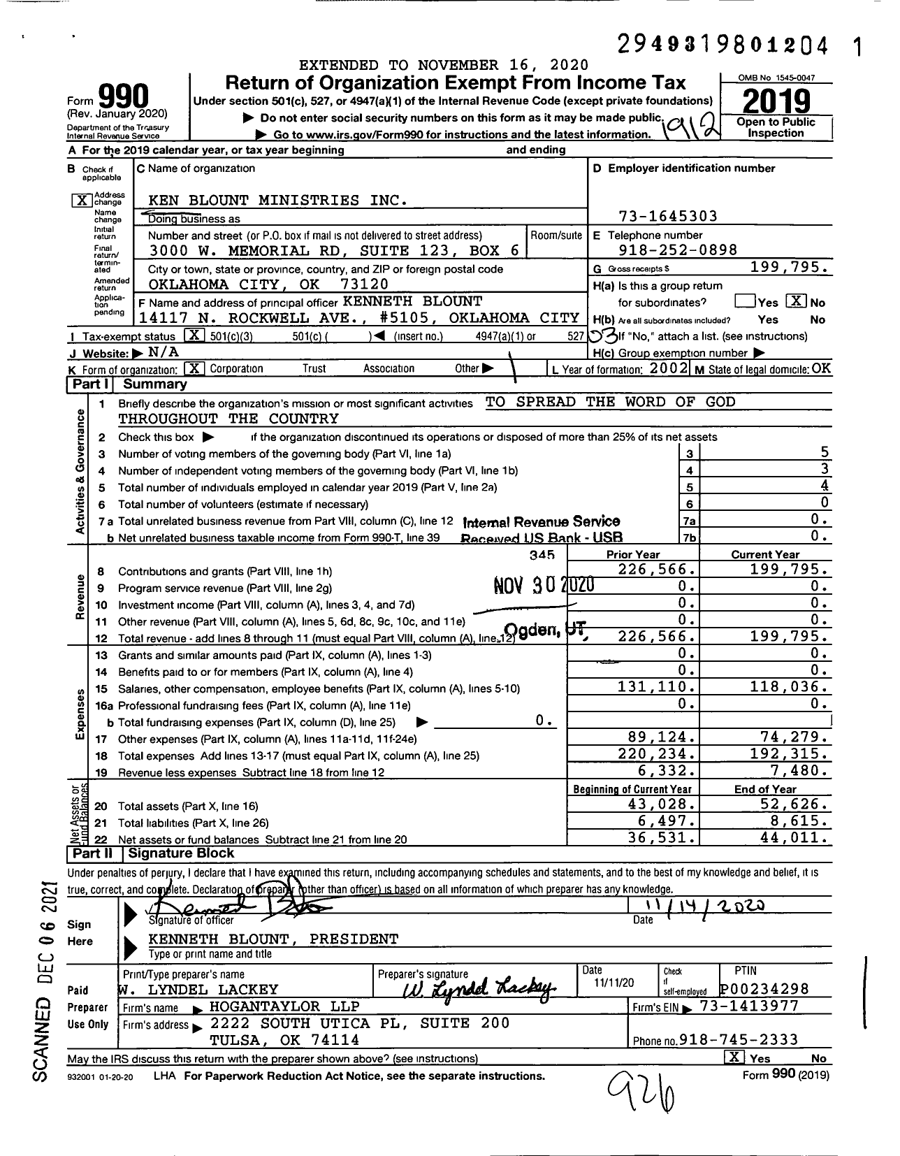 Image of first page of 2019 Form 990 for Ken Blount Ministries