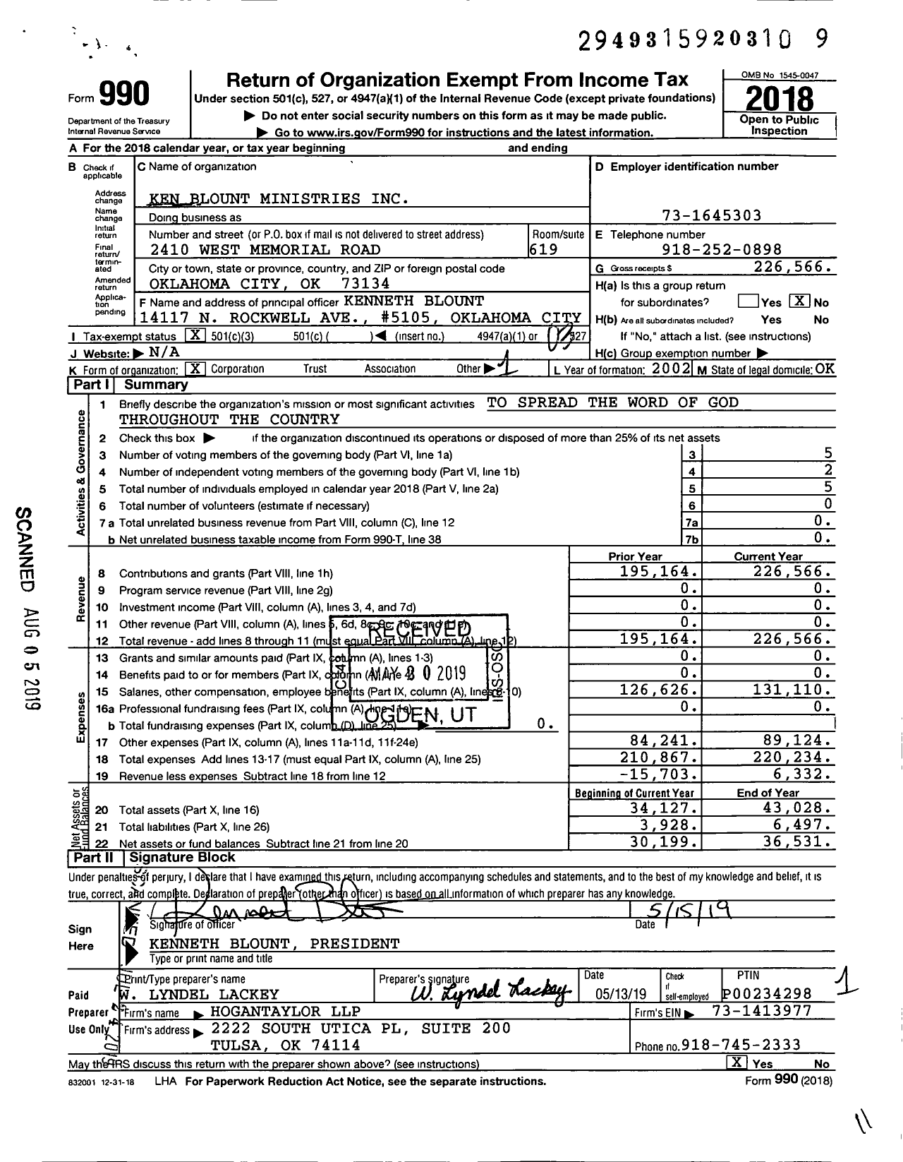 Image of first page of 2018 Form 990 for Ken Blount Ministries