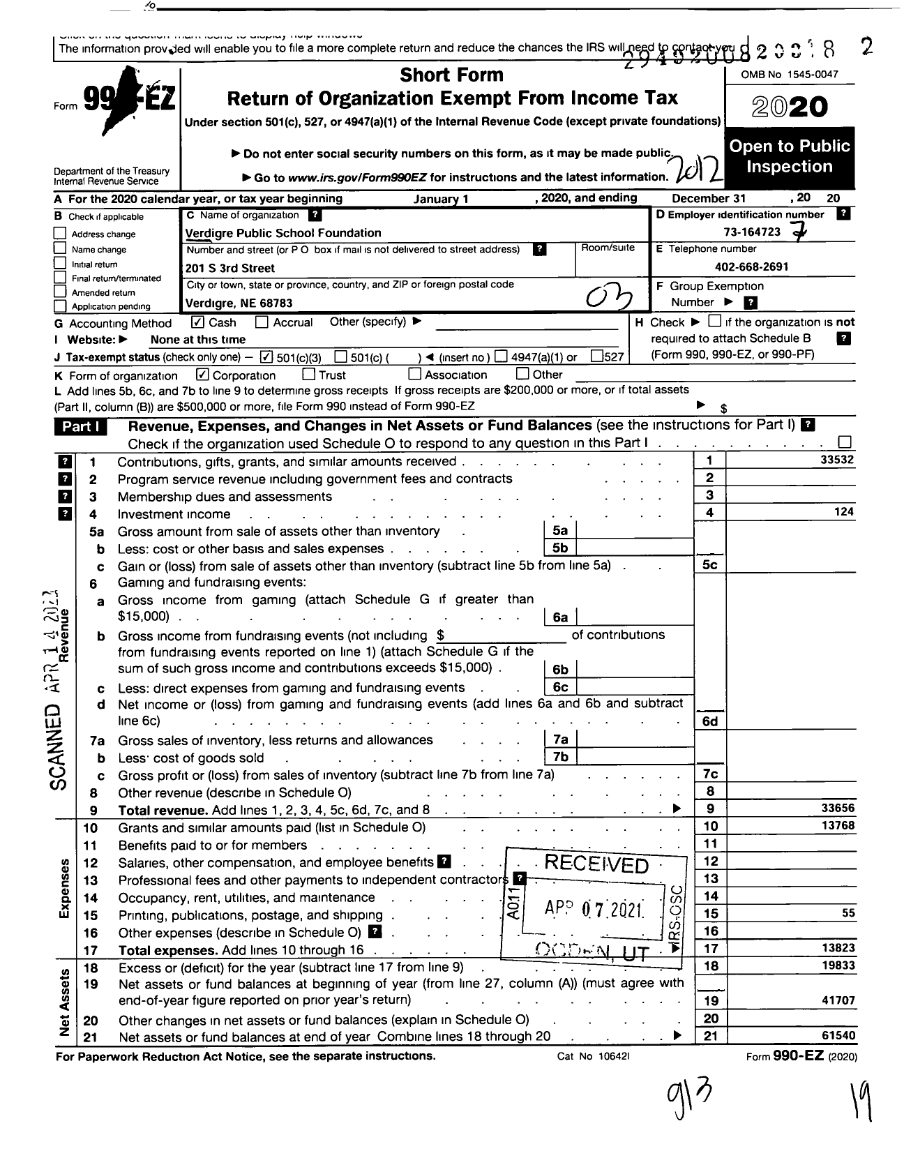 Image of first page of 2020 Form 990EZ for Verdigre Public School Foundation