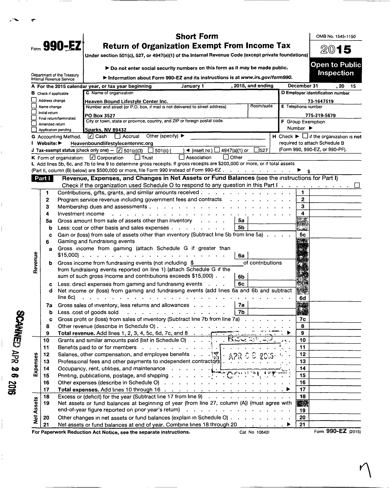 Image of first page of 2015 Form 990EZ for Heaven Bound Lifestyle Center