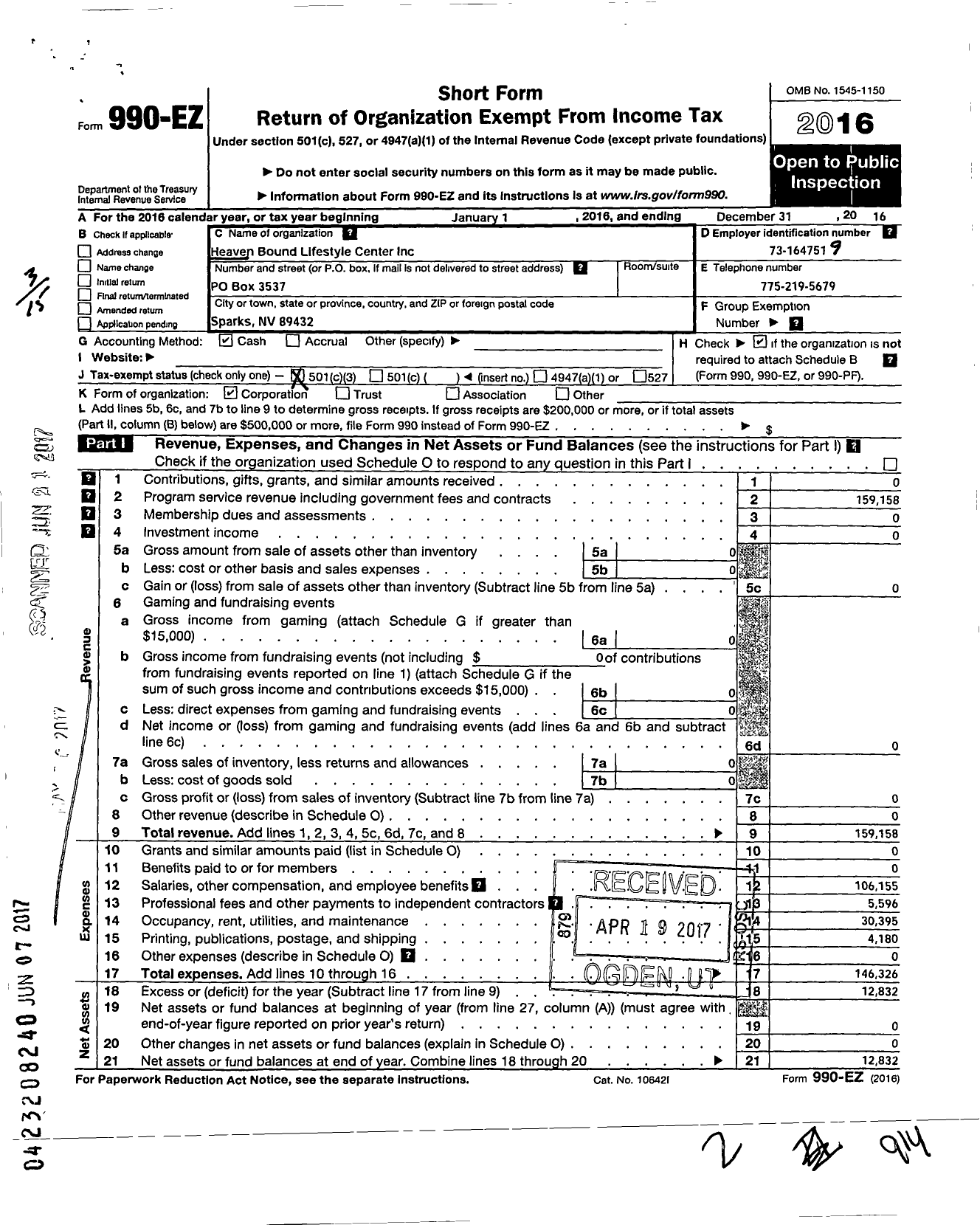 Image of first page of 2016 Form 990EZ for Heaven Bound Lifestyle Center