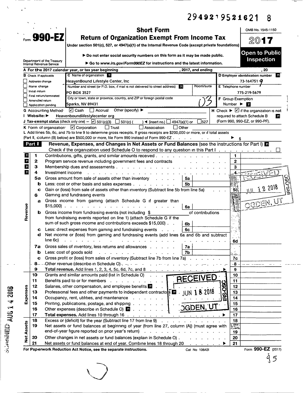 Image of first page of 2017 Form 990EZ for Heaven Bound Lifestyle Center