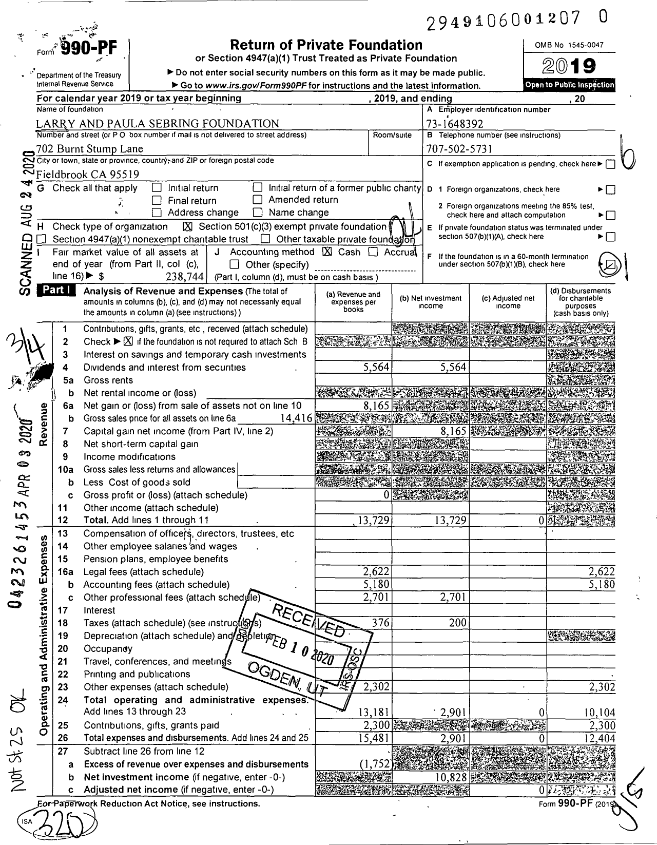 Image of first page of 2019 Form 990PR for Larry and Paula Sebring Foundation