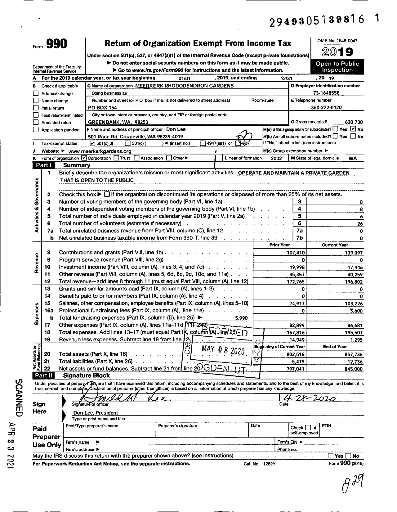 Image of first page of 2019 Form 990 for Meerkerk Rhododendron Gardens