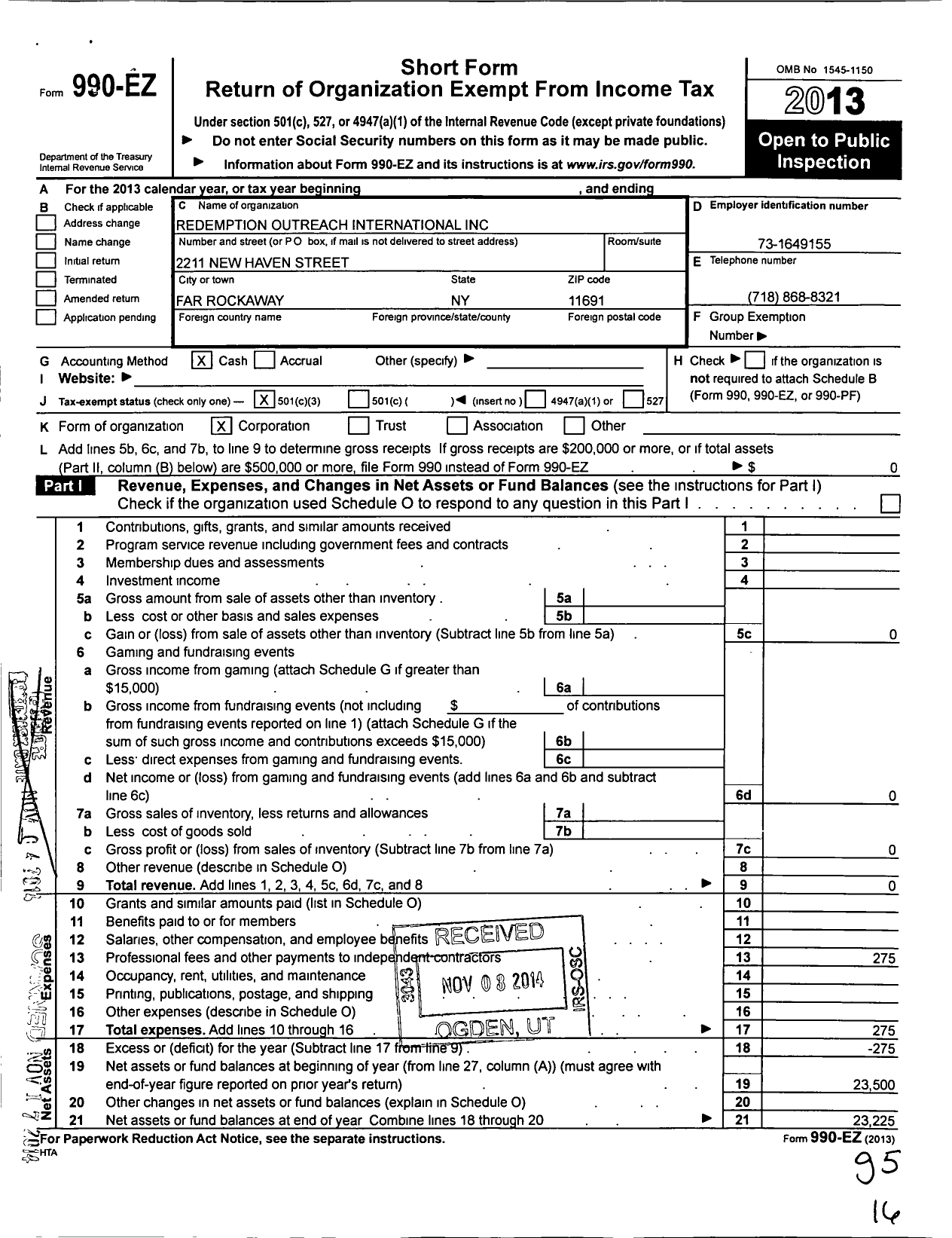 Image of first page of 2013 Form 990EZ for Redemption Outreach International