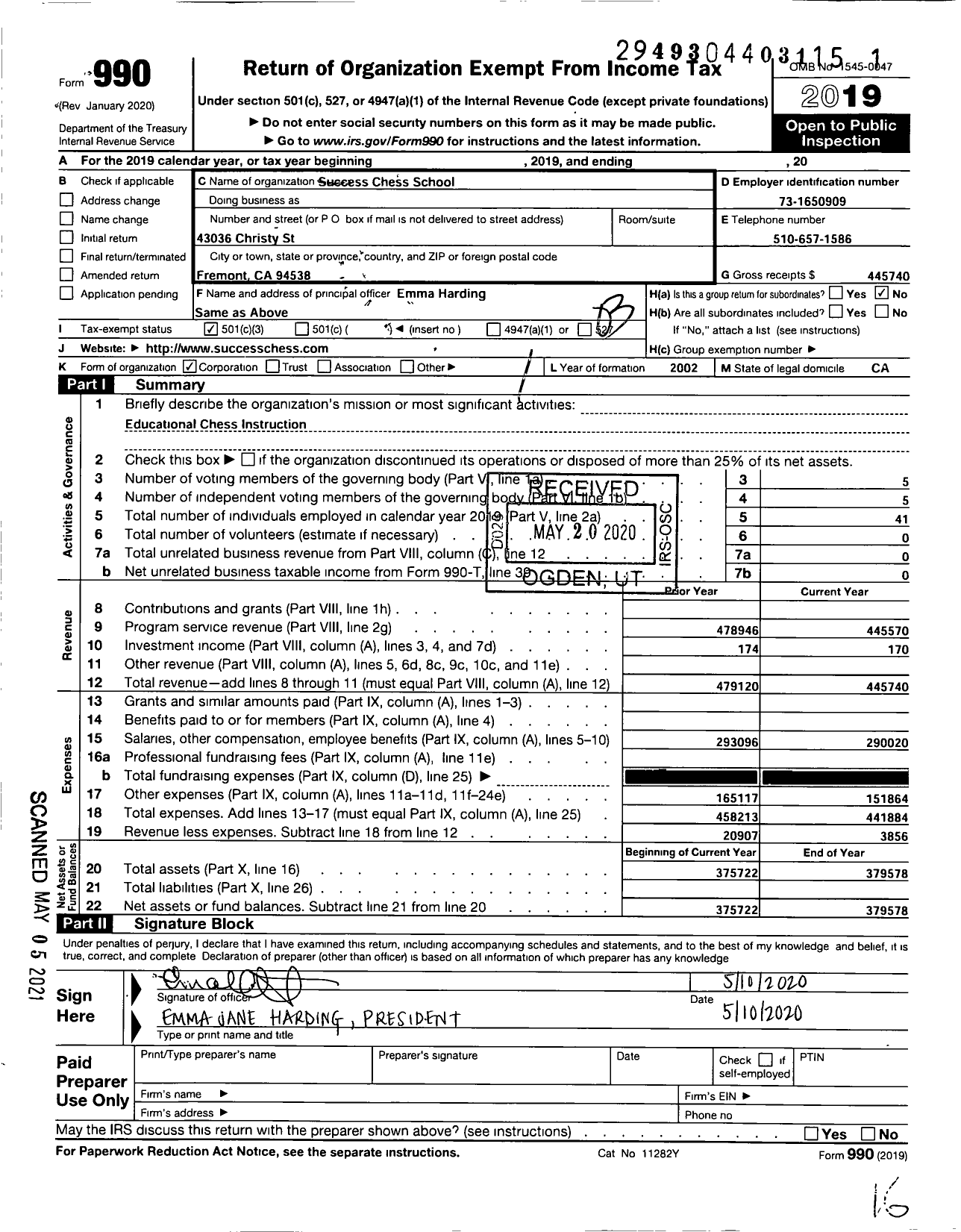 Image of first page of 2019 Form 990 for Success Chess School