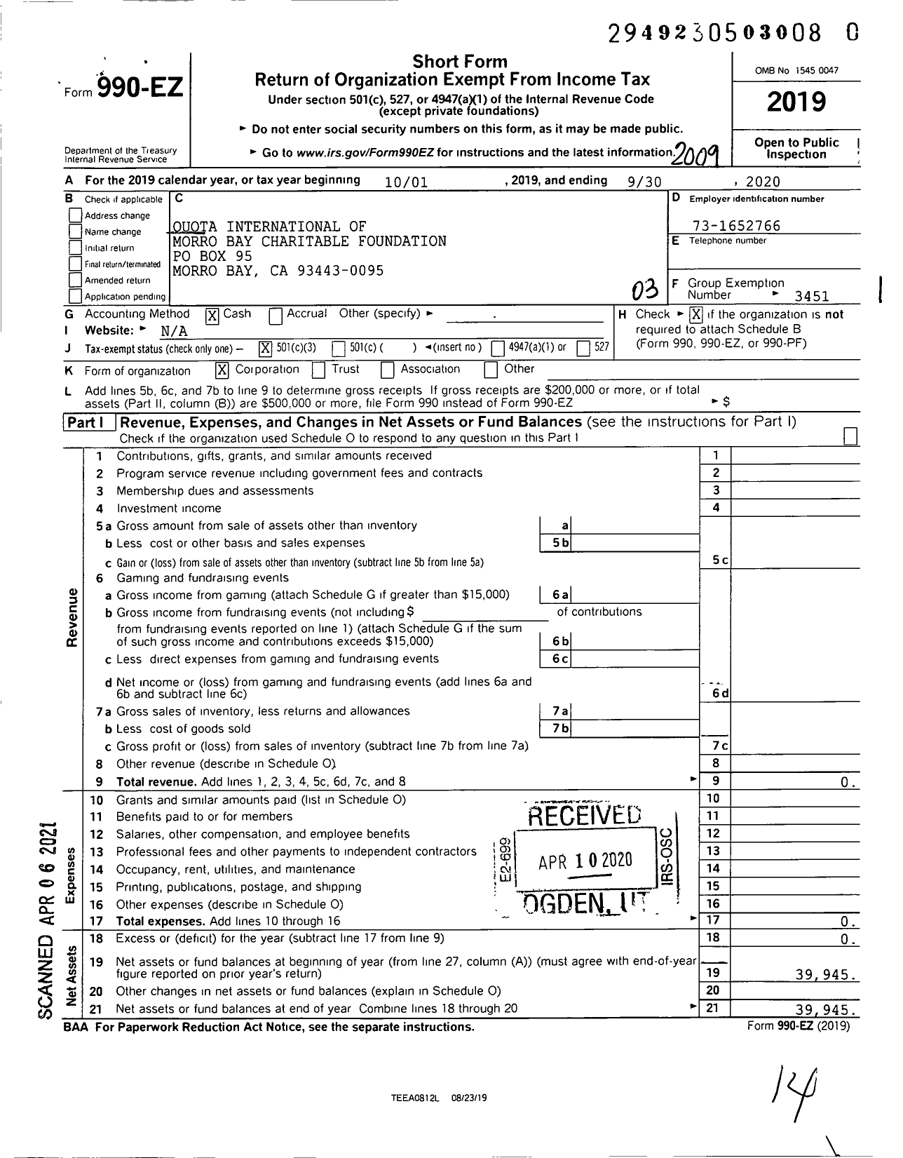 Image of first page of 2019 Form 990EZ for Quota International of Morro Bay Charitable Foundation