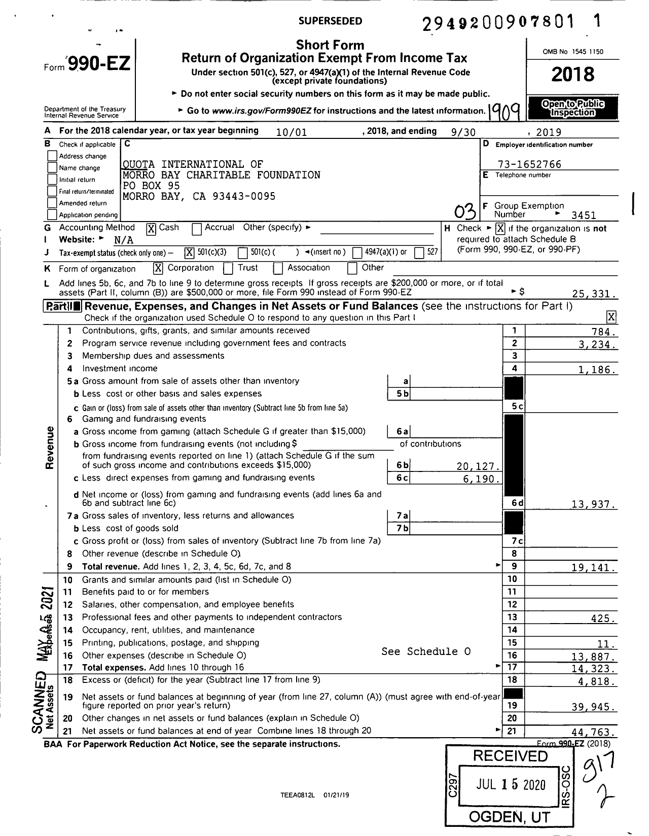 Image of first page of 2018 Form 990EZ for Quota International of Morro Bay Charitable Foundation