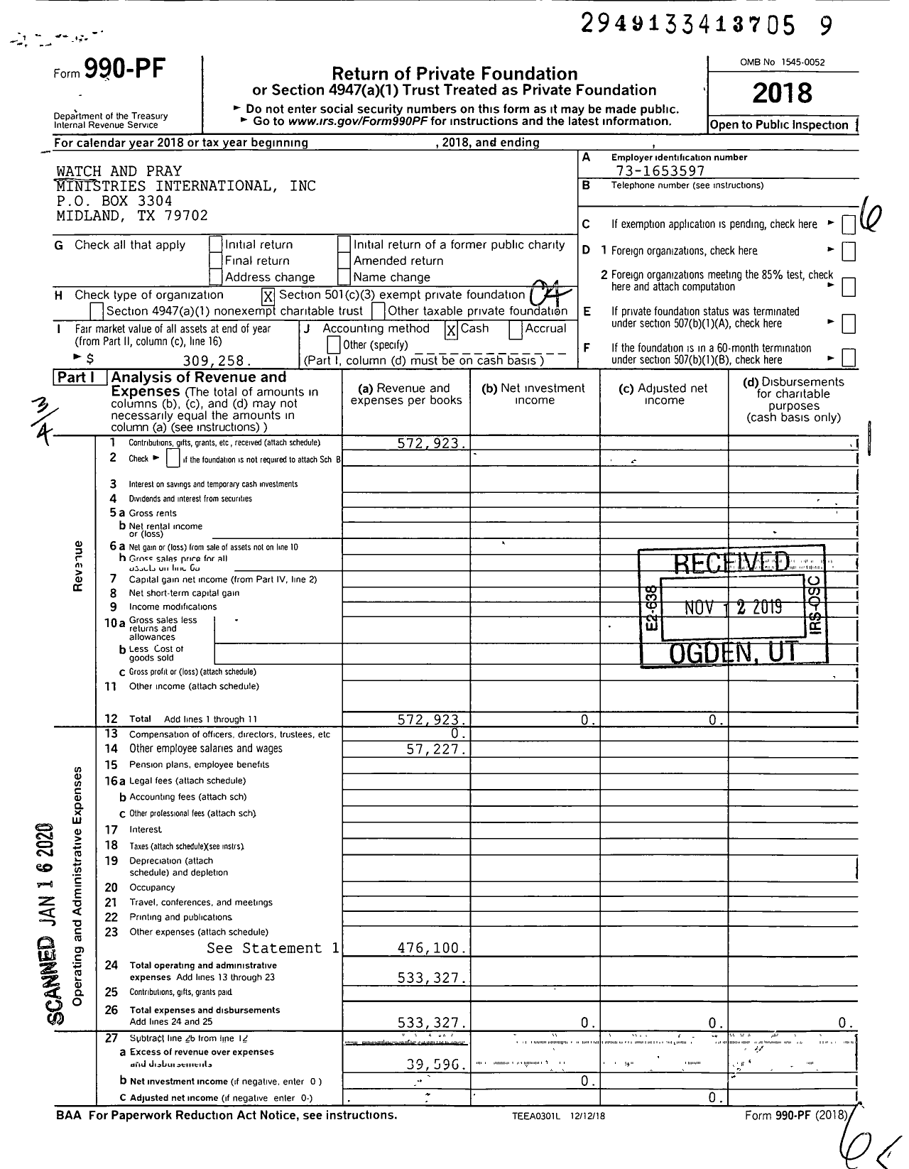 Image of first page of 2018 Form 990PF for Watch and Pray Ministries International