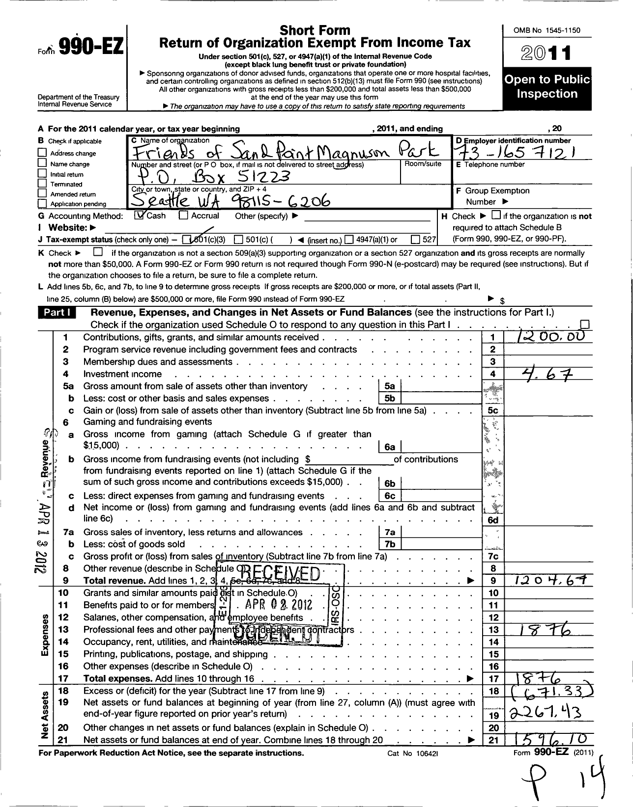 Image of first page of 2011 Form 990EZ for Friends of Sand Point Magnuson Park