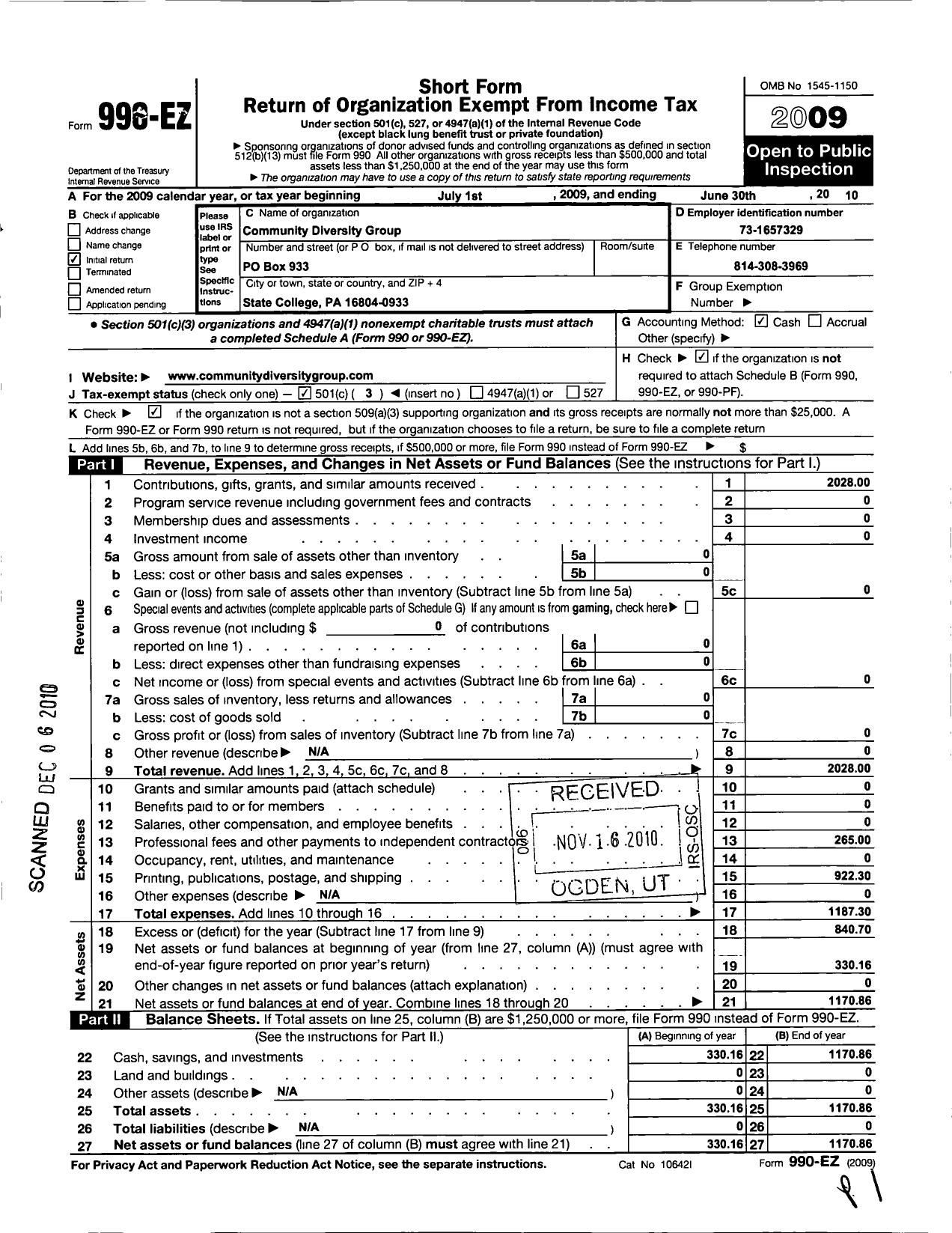 Image of first page of 2009 Form 990EZ for Community Diversity Group