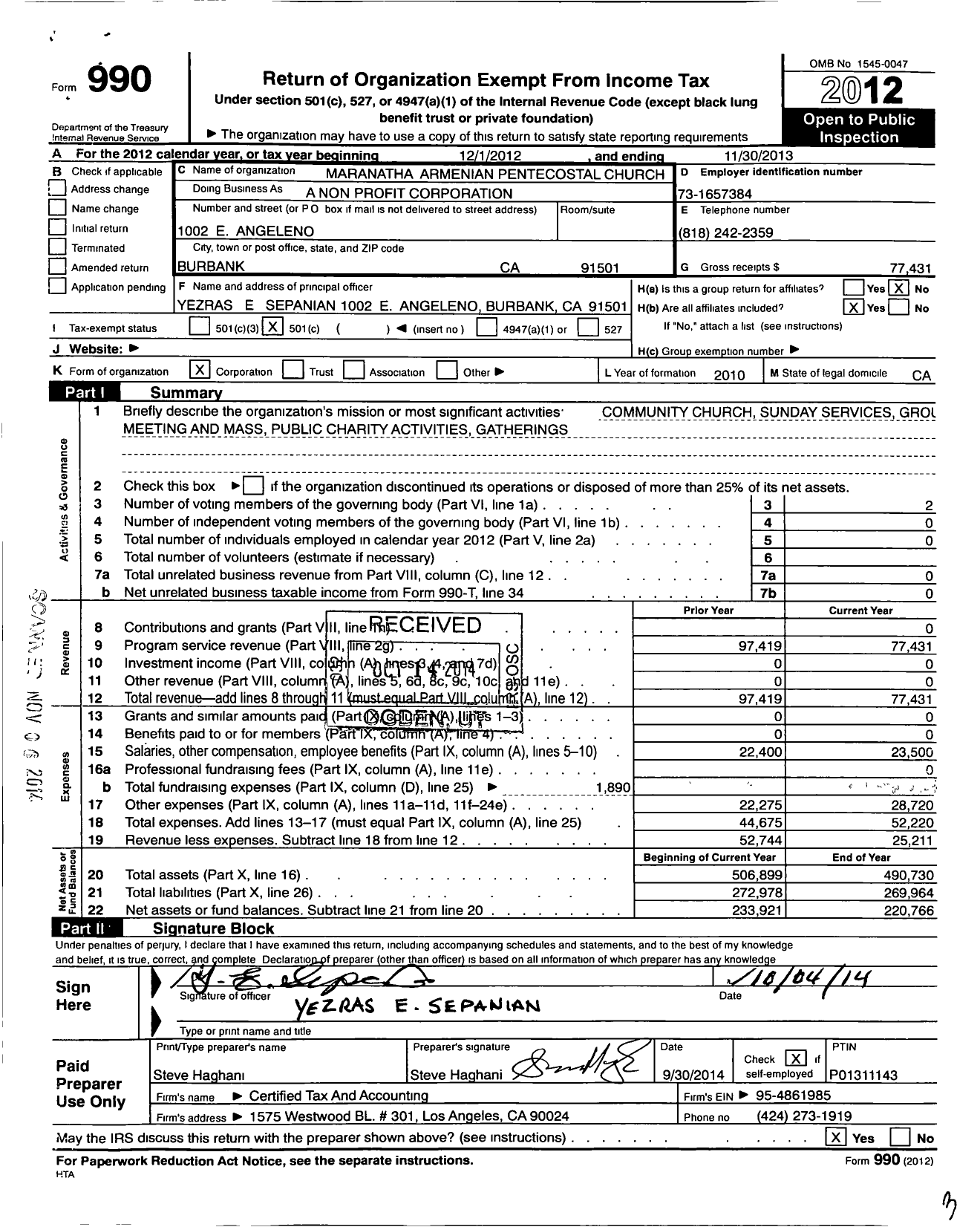 Image of first page of 2012 Form 990O for A Non Profit Corporation Ca Religious