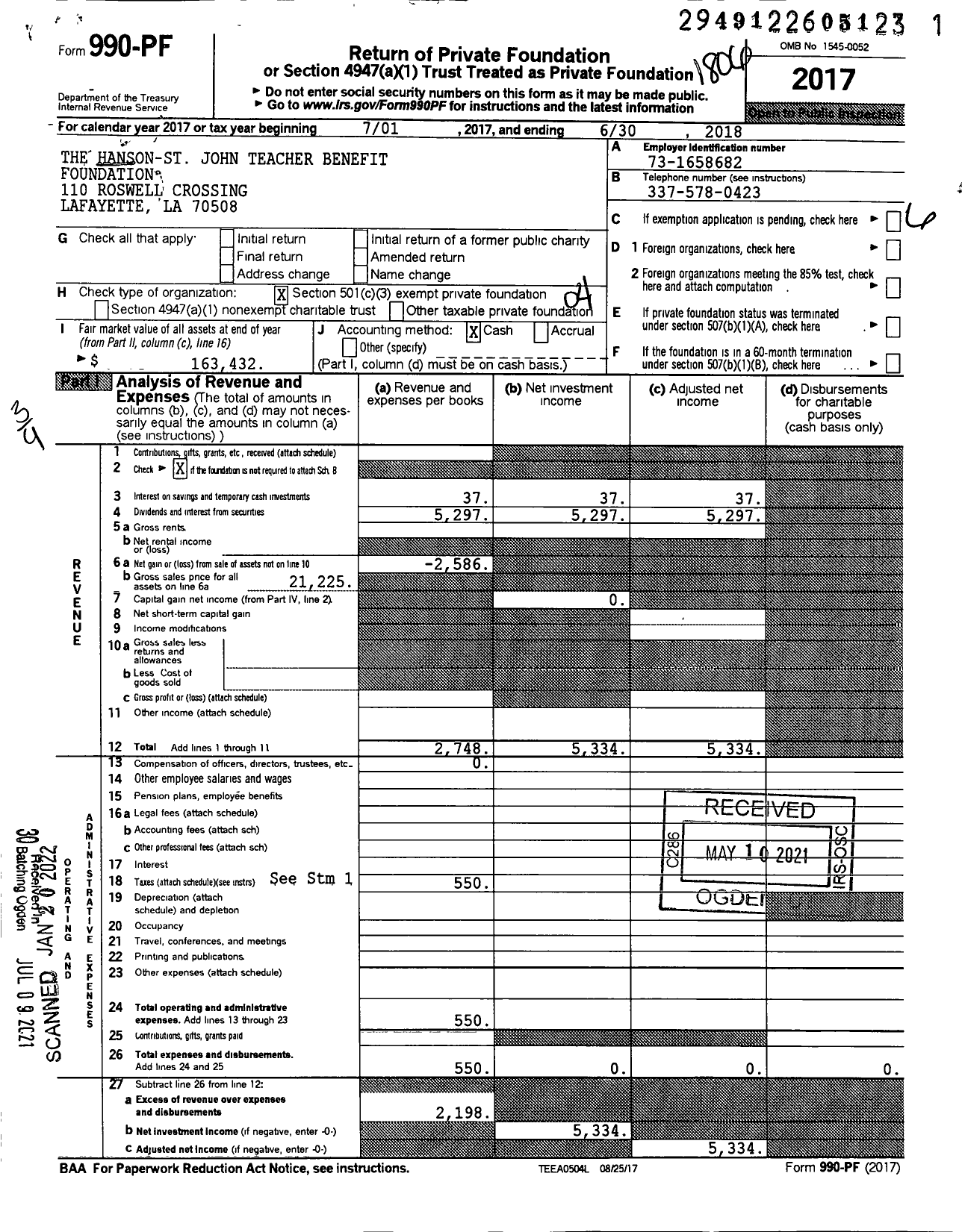 Image of first page of 2017 Form 990PF for The Hanson-St John Teacher Benefit Foundation