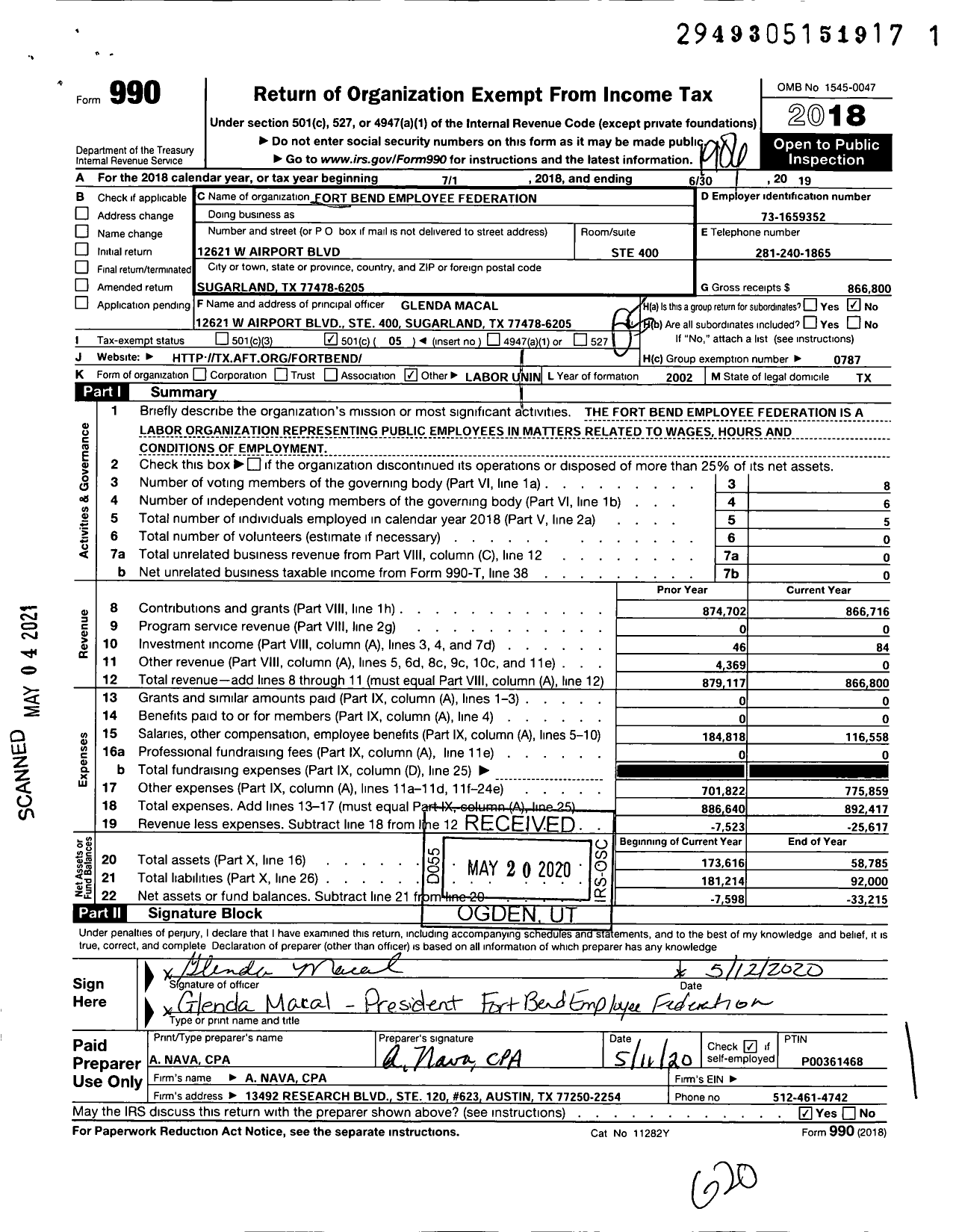 Image of first page of 2018 Form 990O for American Federation of Teachers - 6198 Fort Bend Employees