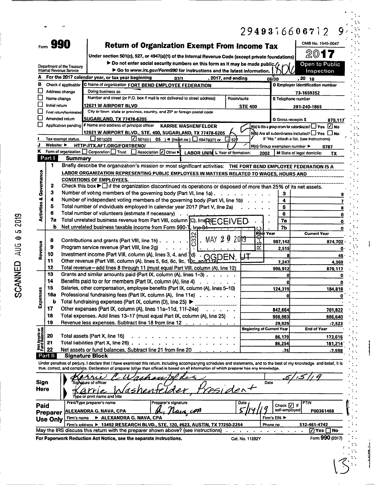 Image of first page of 2017 Form 990O for American Federation of Teachers - 6198 Fort Bend Employees