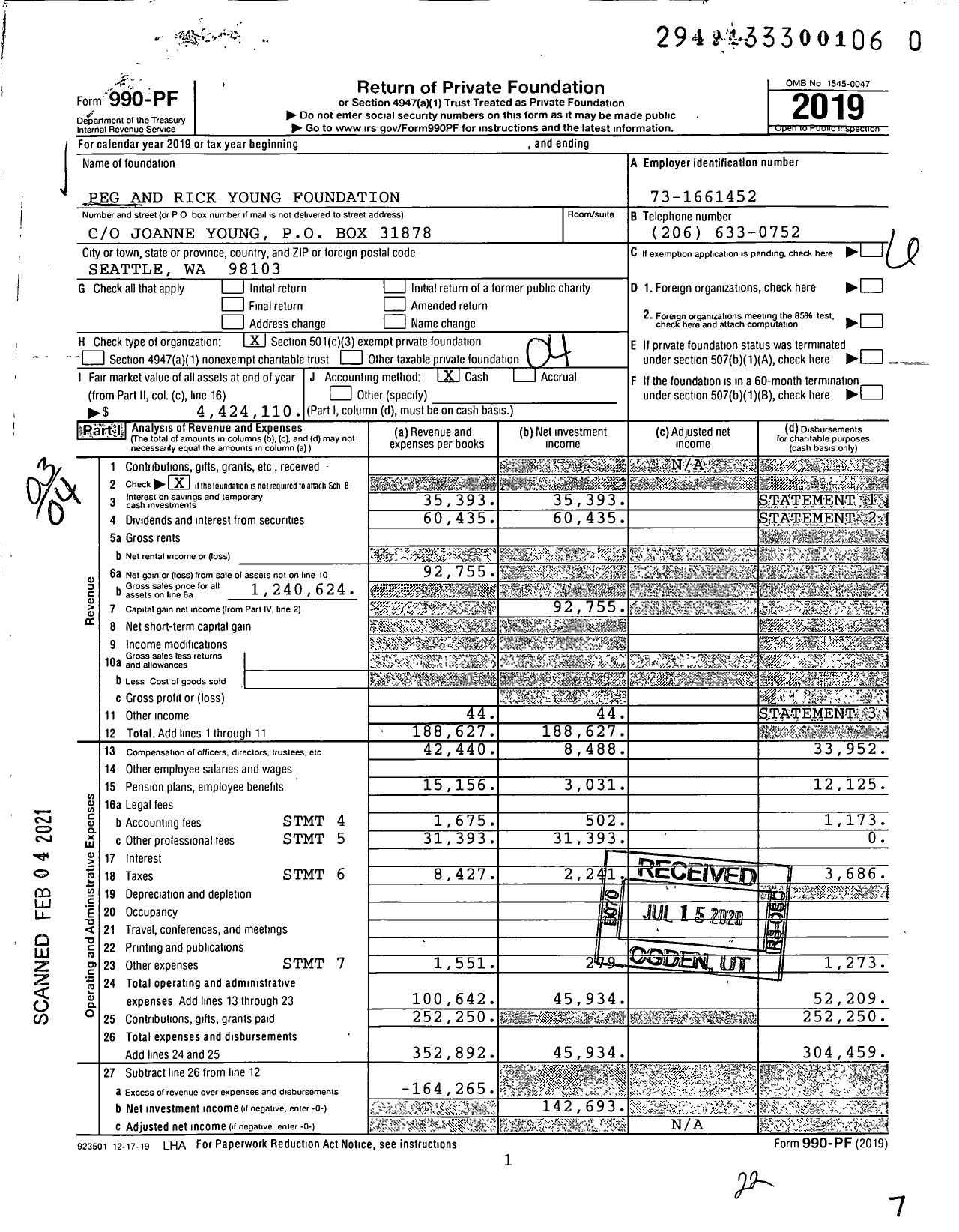 Image of first page of 2019 Form 990PF for Peg and Rick Young Foundation