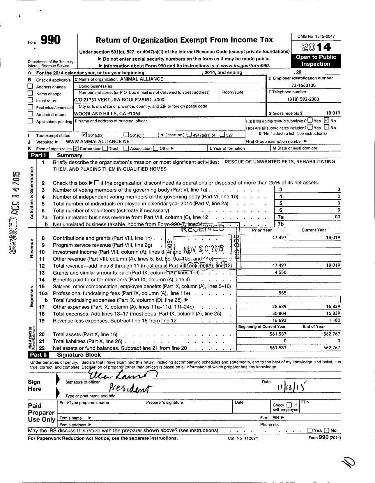 Image of first page of 2014 Form 990 for Animal Alliance