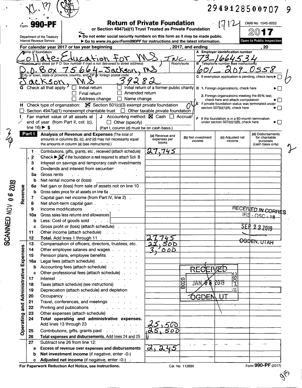Image of first page of 2017 Form 990PF for Collate Education for Mississippi