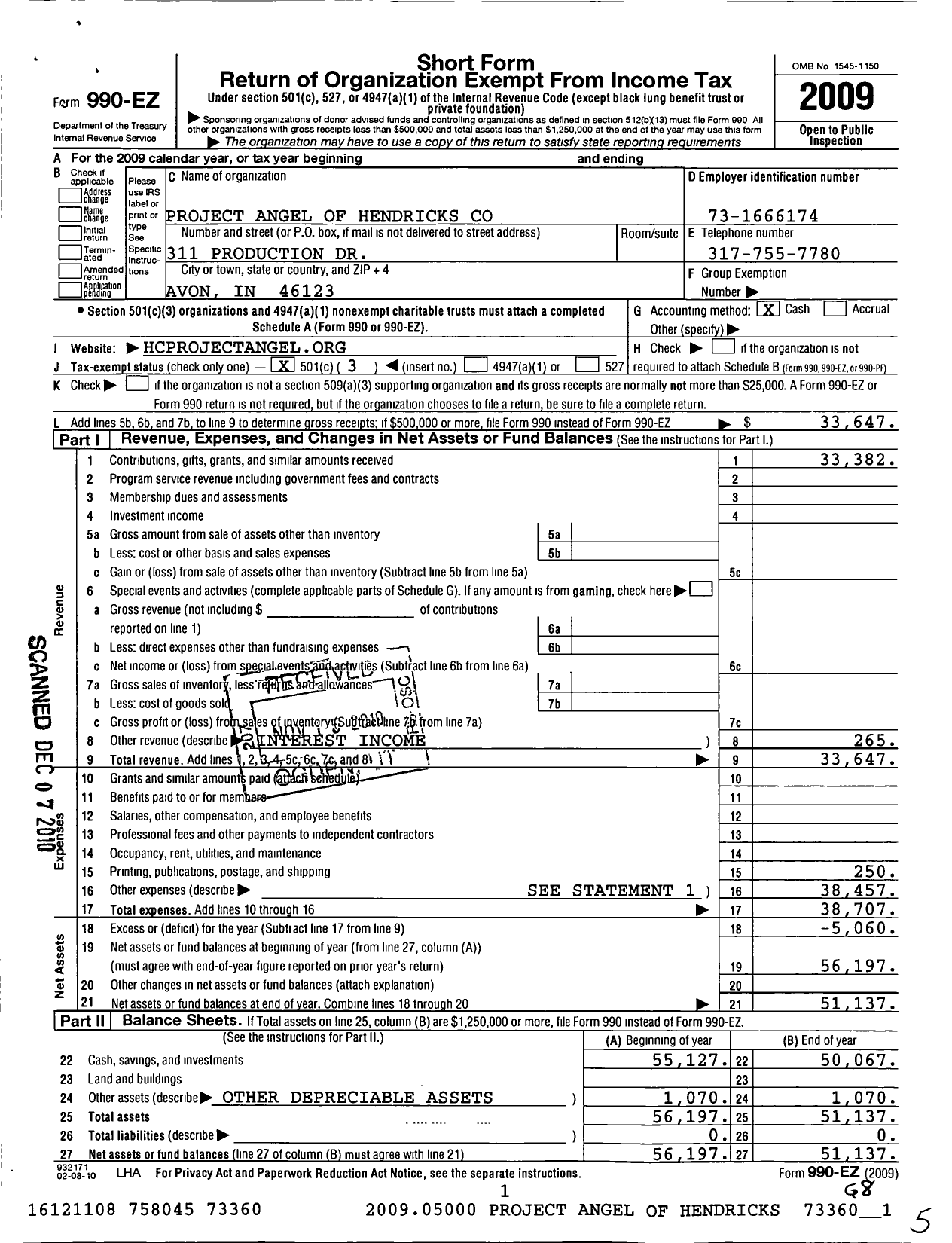 Image of first page of 2009 Form 990EZ for Project A N G E L Hendricks County