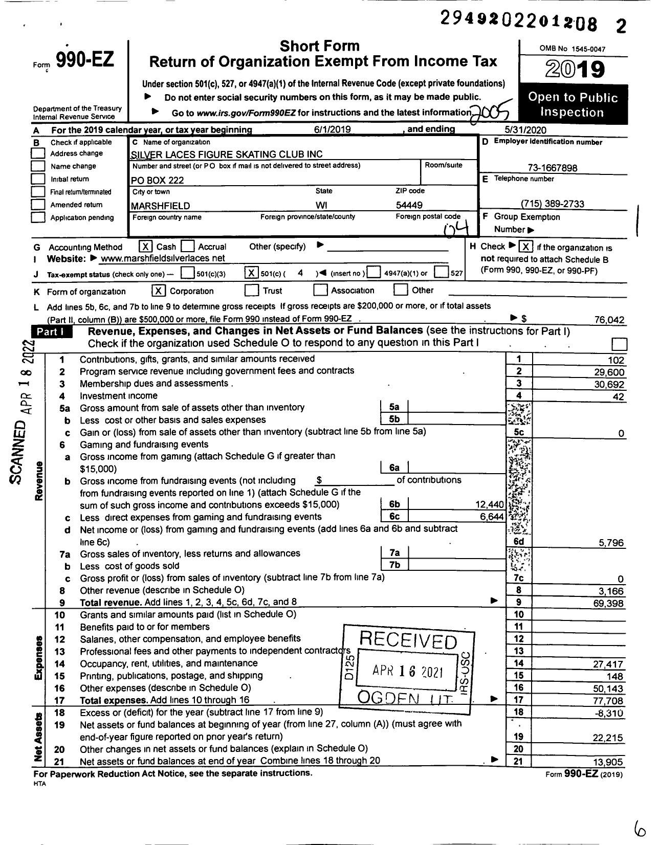 Image of first page of 2019 Form 990EO for Silver Laces Figure Skating Club