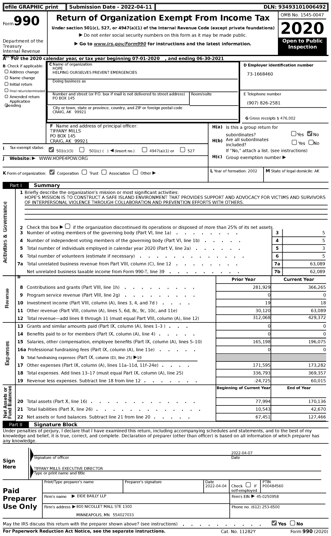 Image of first page of 2020 Form 990 for Helping Ourselves Prevent Emergencies (HOPE)