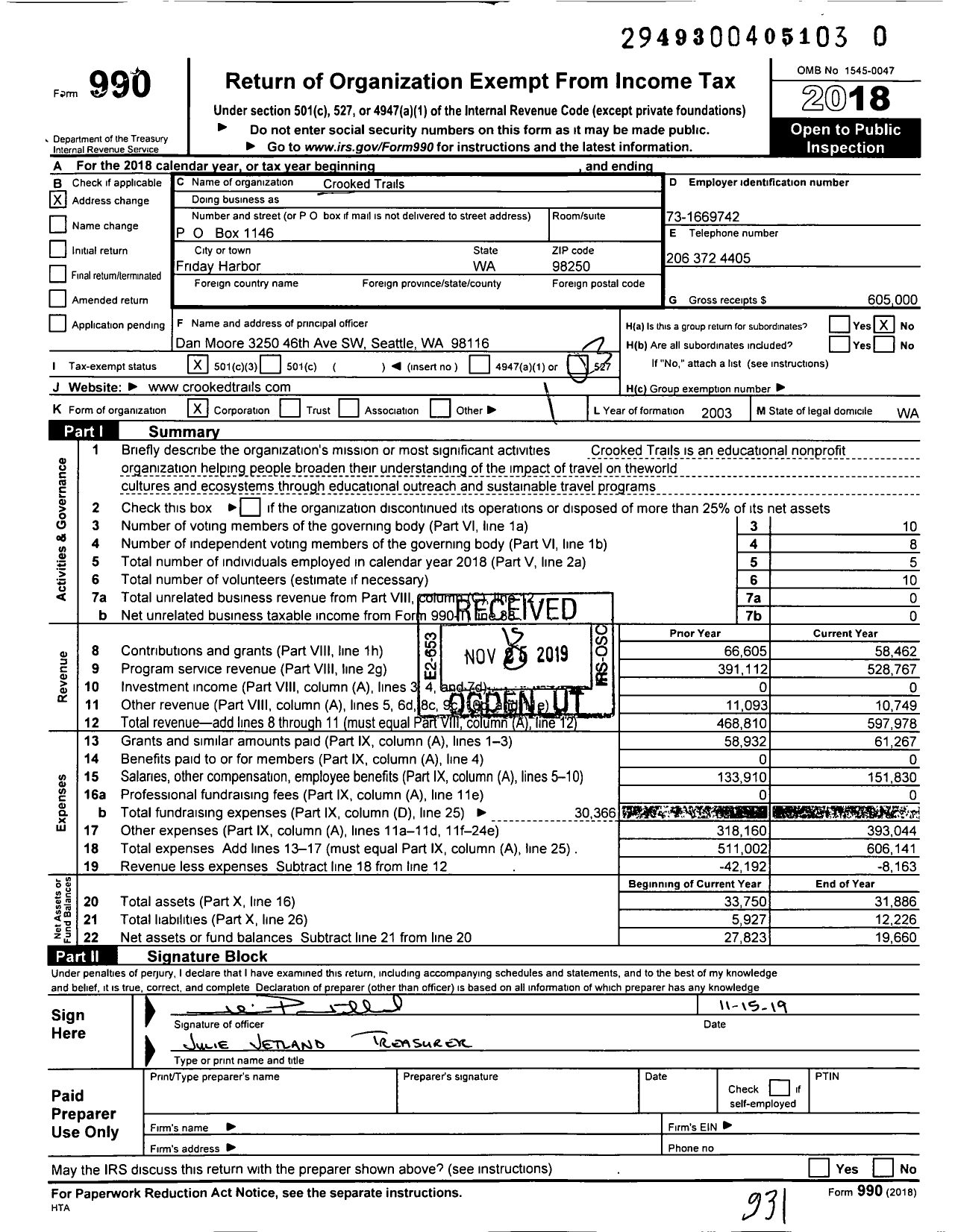 Image of first page of 2018 Form 990 for Crooked Trails