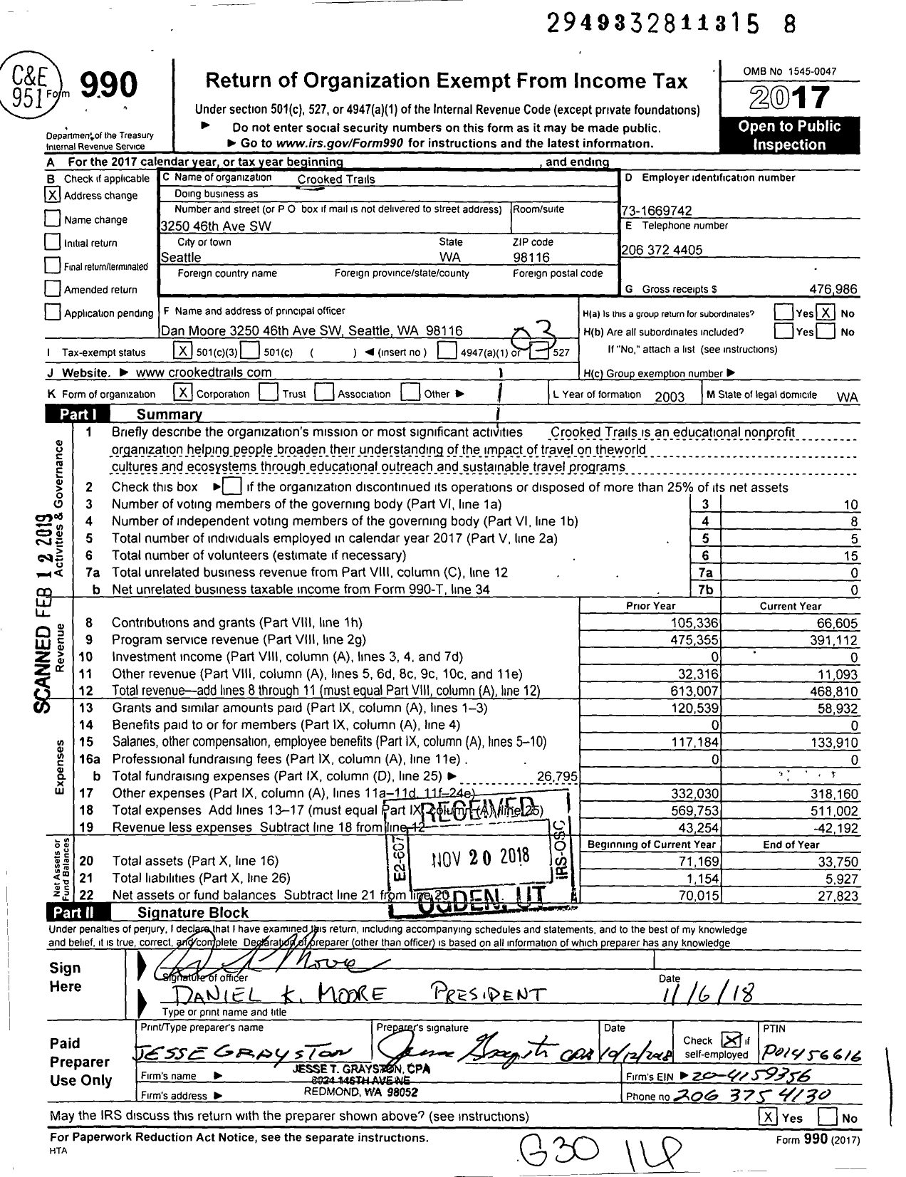 Image of first page of 2017 Form 990 for Crooked Trails