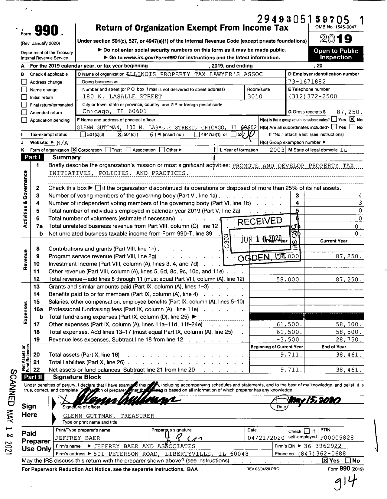 Image of first page of 2019 Form 990O for Illinois Property Tax Lawyer's Association