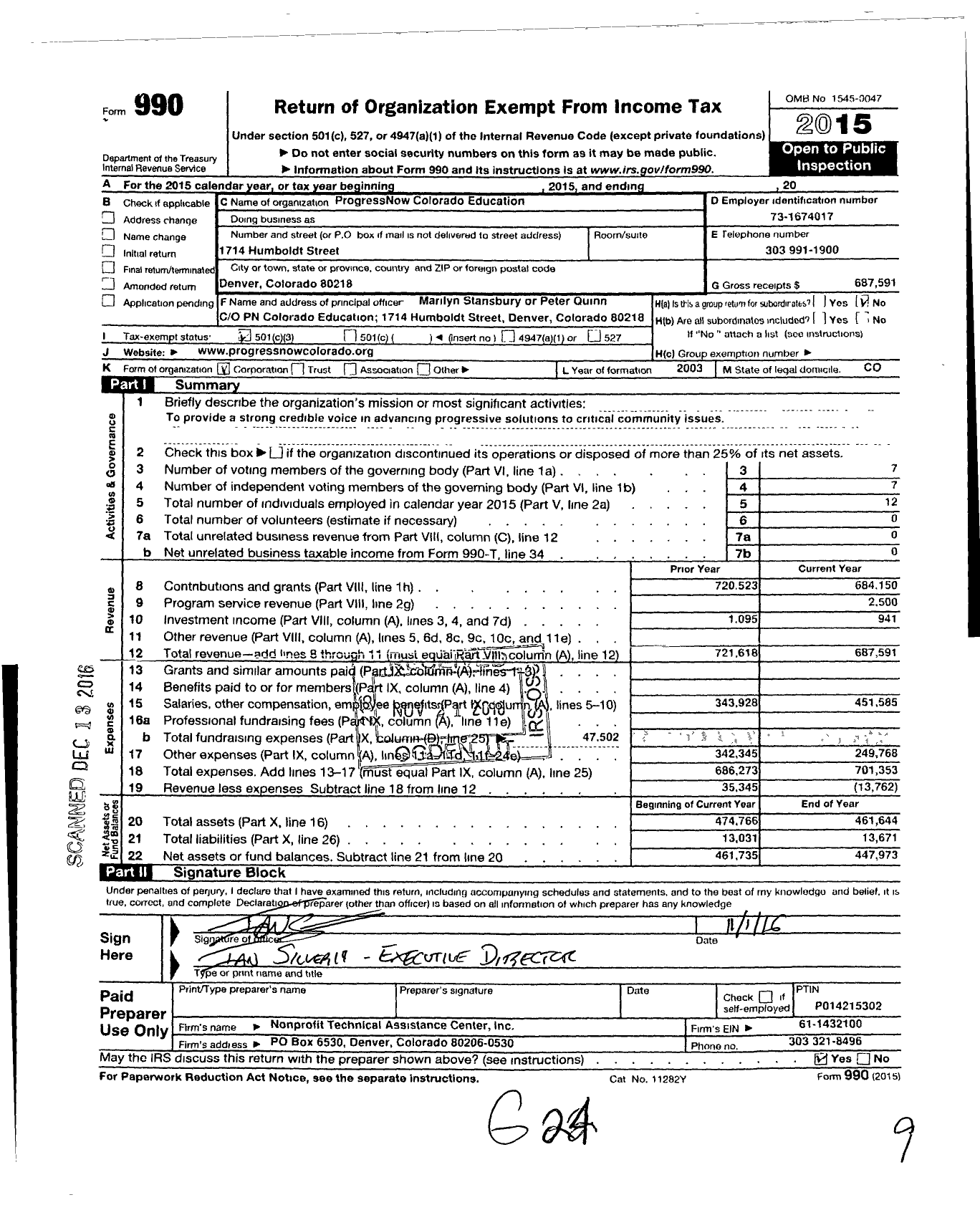 Image of first page of 2015 Form 990 for ProgressNow Colorado Education